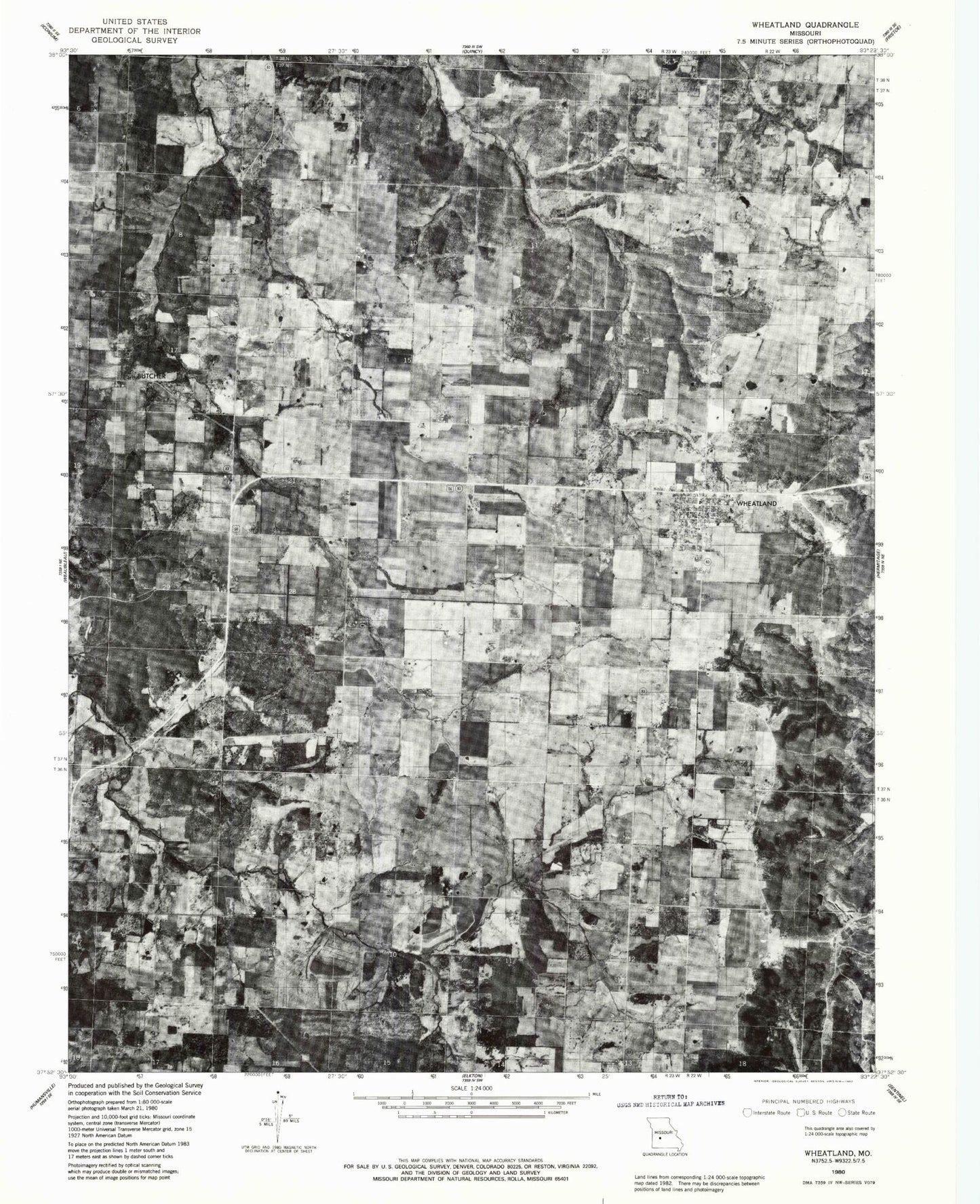 Classic USGS Wheatland Missouri 7.5'x7.5' Topo Map Image