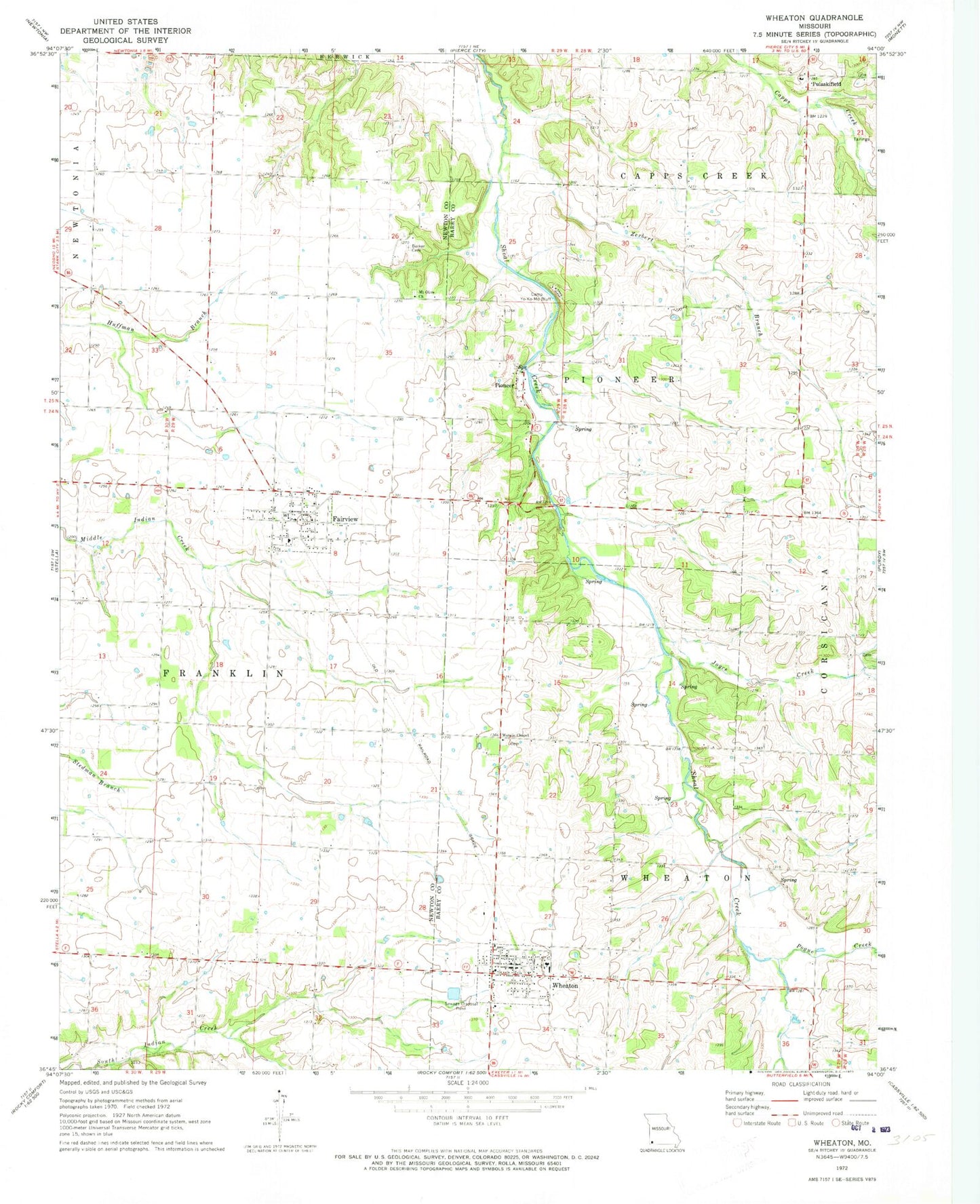 Classic USGS Wheaton Missouri 7.5'x7.5' Topo Map Image