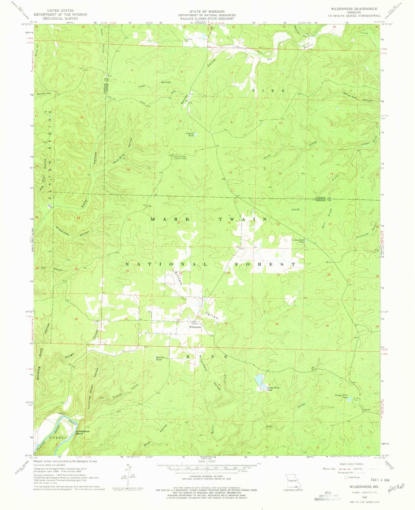 Classic USGS Wilderness Missouri 7.5'x7.5' Topo Map Image