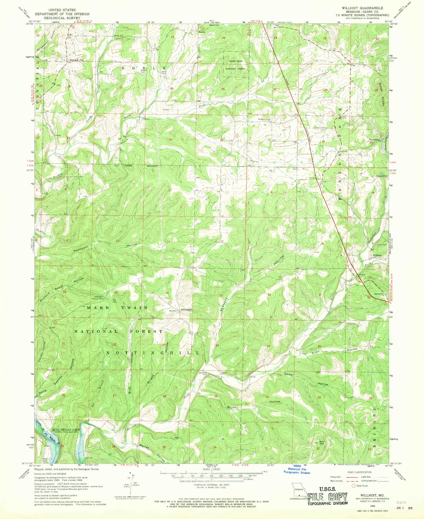 Classic USGS Willhoit Missouri 7.5'x7.5' Topo Map Image