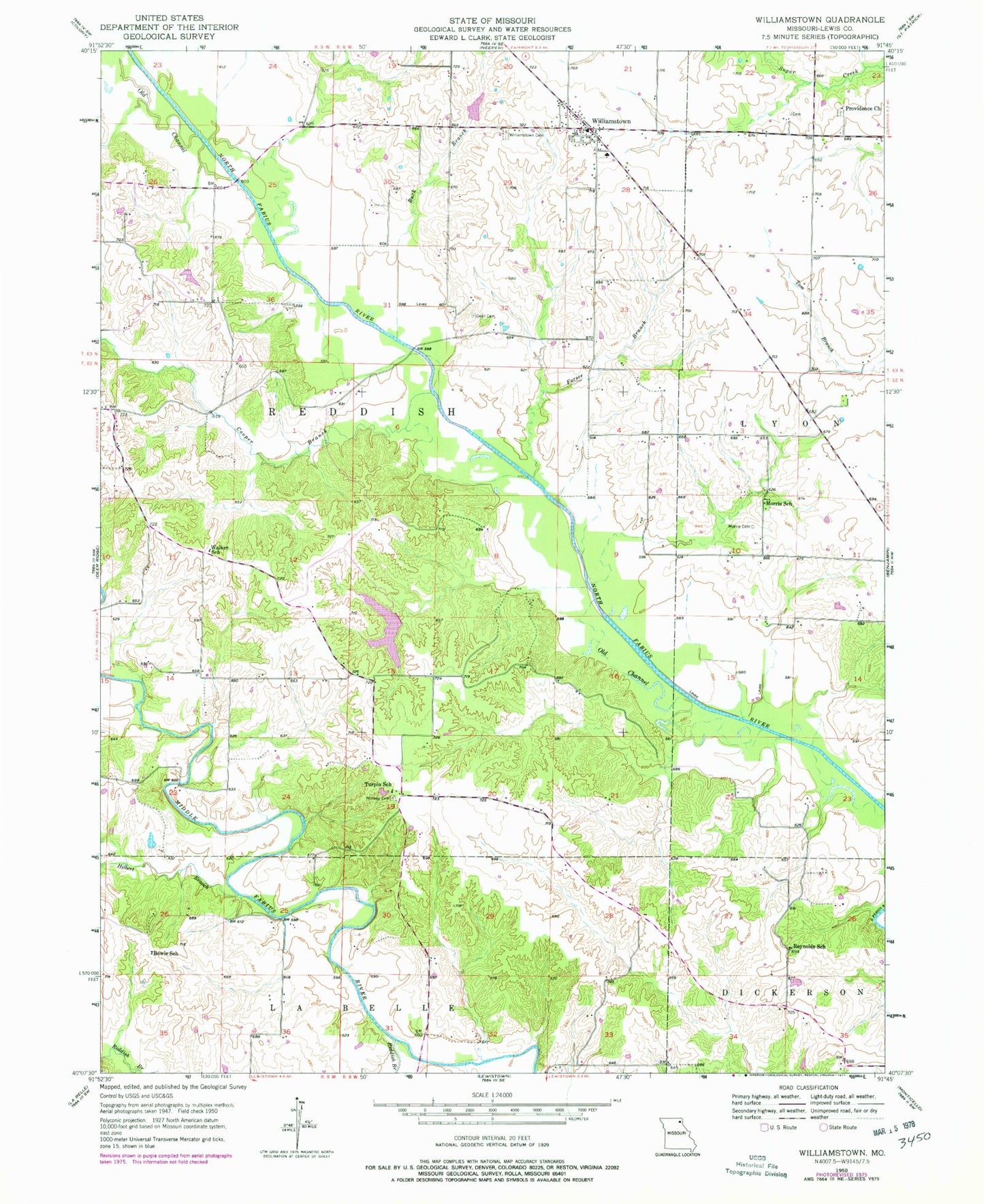 Classic USGS Williamstown Missouri 7.5'x7.5' Topo Map Image