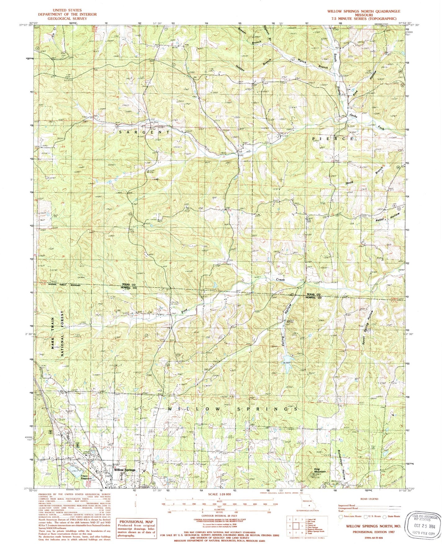 Classic USGS Willow Springs North Missouri 7.5'x7.5' Topo Map Image