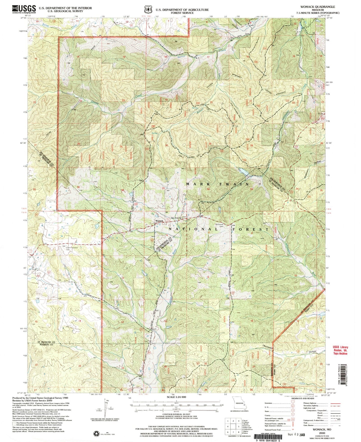 Classic USGS Womack Missouri 7.5'x7.5' Topo Map Image