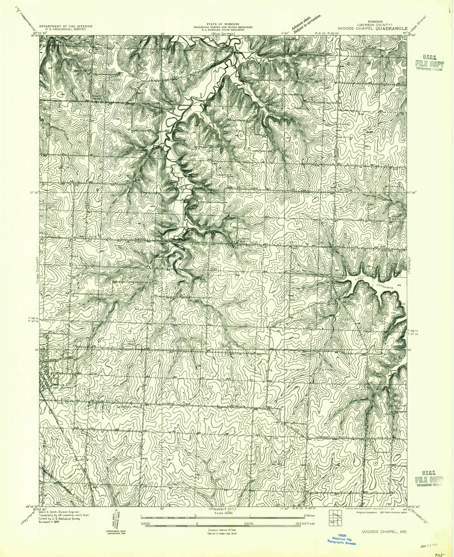 Classic USGS Lake Jacomo Missouri 7.5'x7.5' Topo Map Image