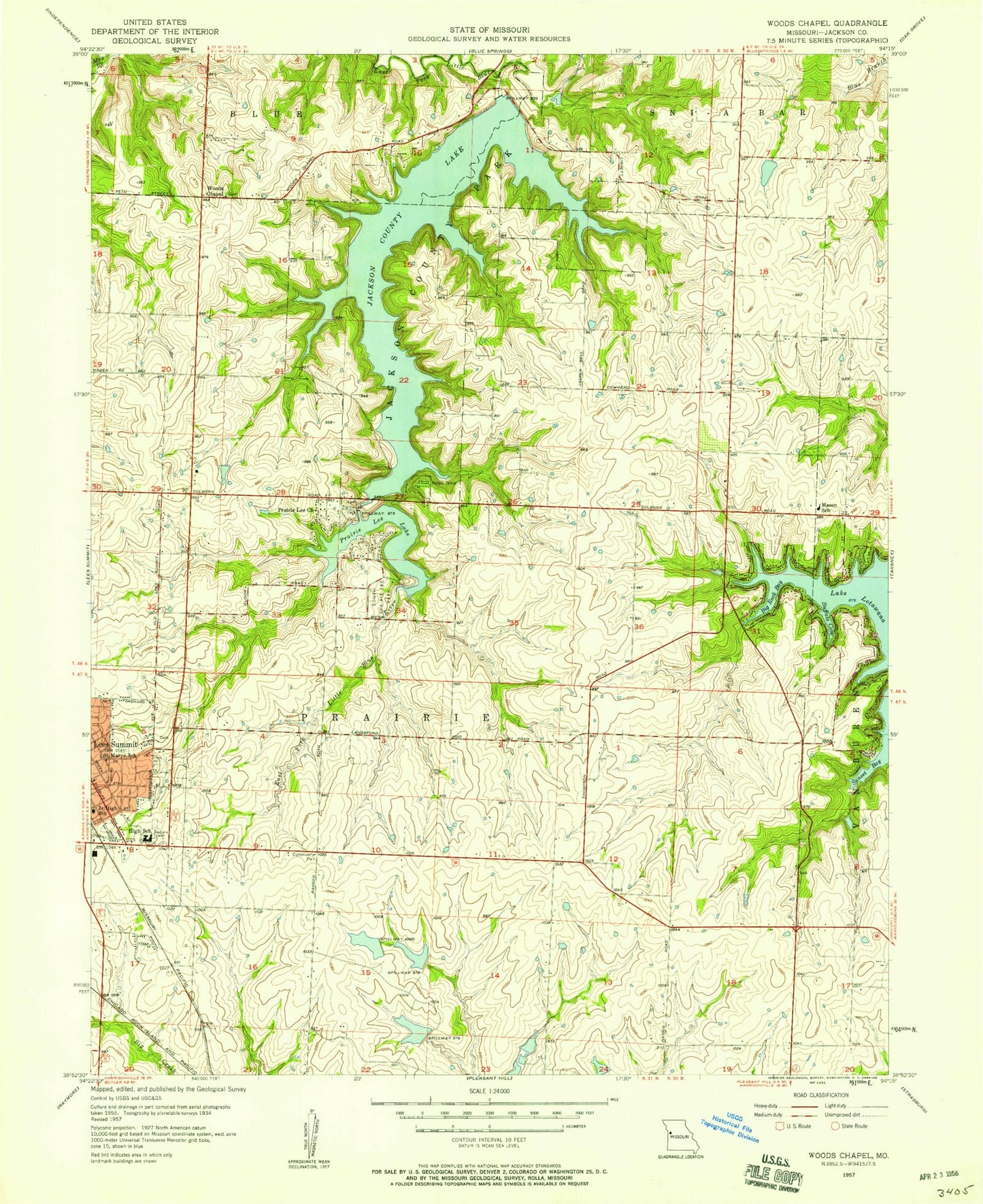Classic USGS Lake Jacomo Missouri 7.5'x7.5' Topo Map Image