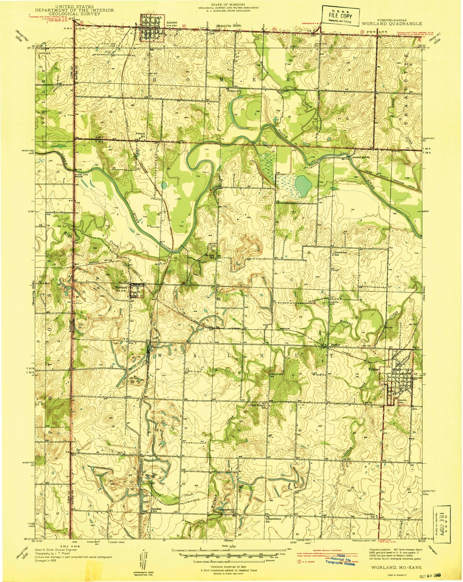 Classic USGS Worland Missouri 7.5'x7.5' Topo Map Image