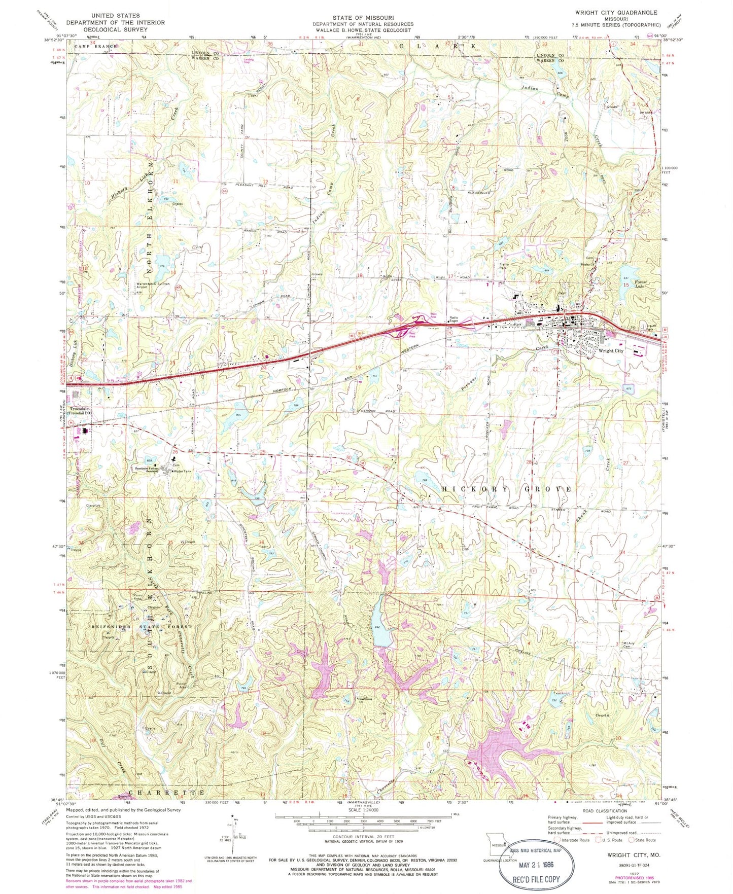 Classic USGS Wright City Missouri 7.5'x7.5' Topo Map Image