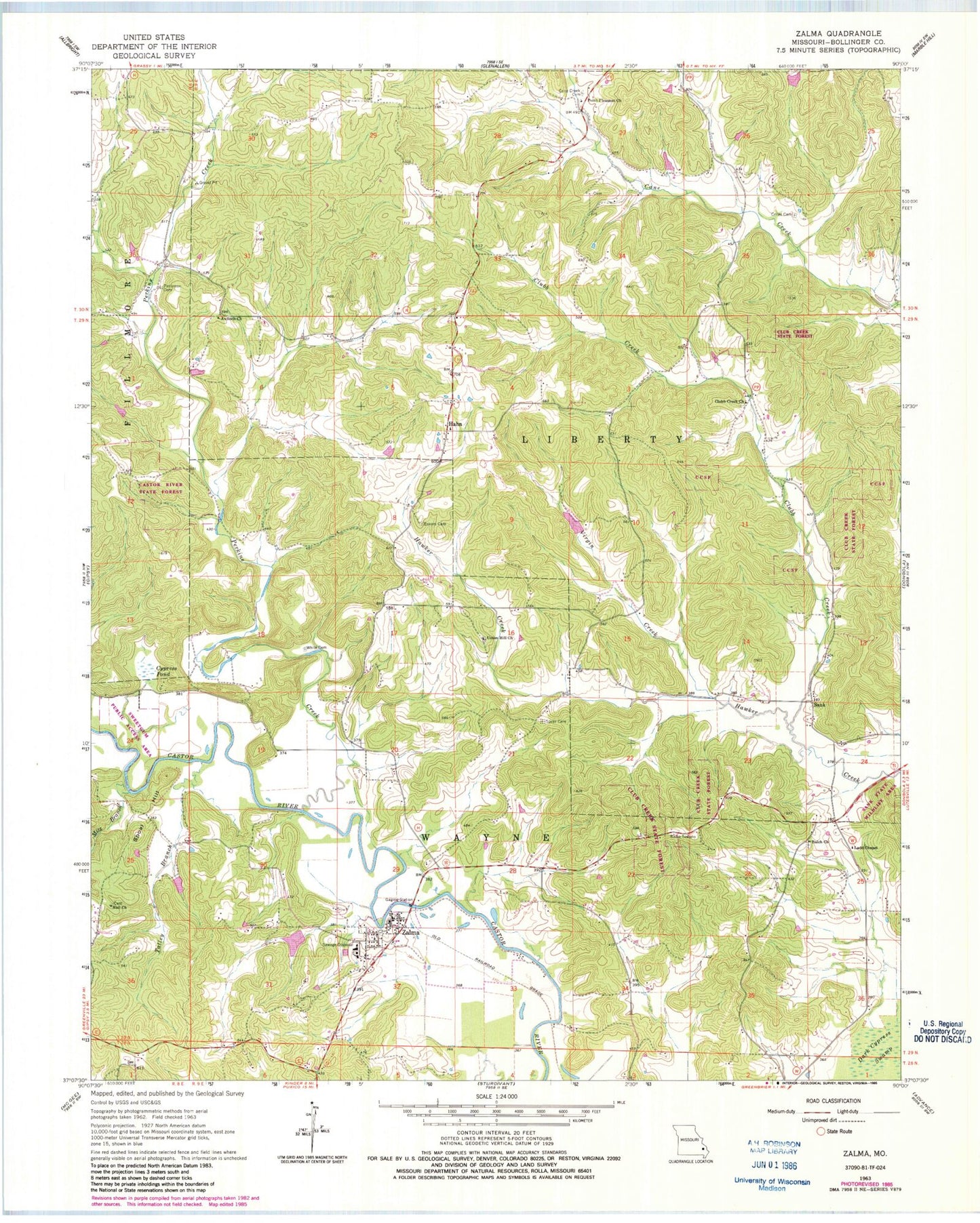 Classic USGS Zalma Missouri 7.5'x7.5' Topo Map Image