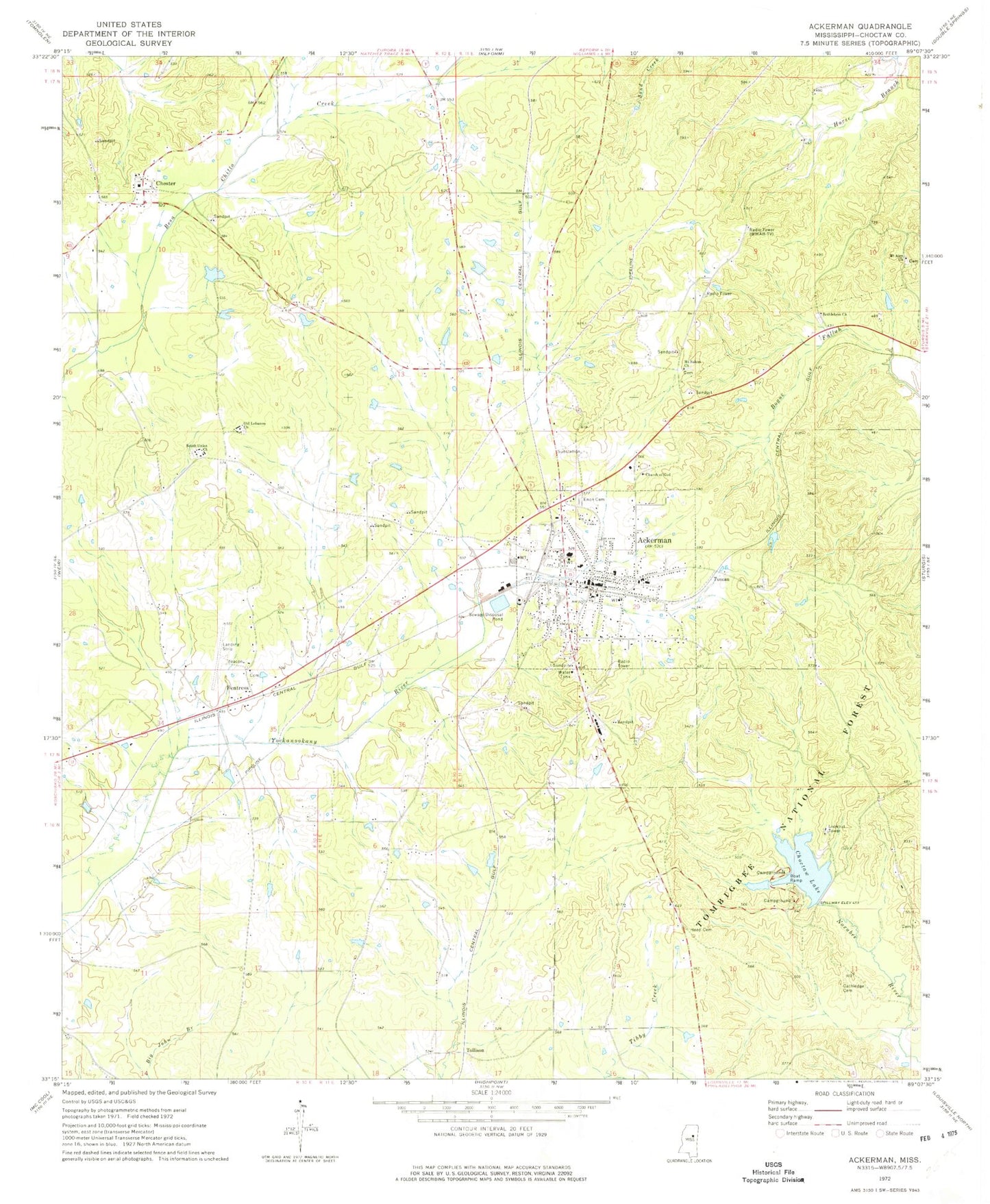 Classic USGS Ackerman Mississippi 7.5'x7.5' Topo Map Image