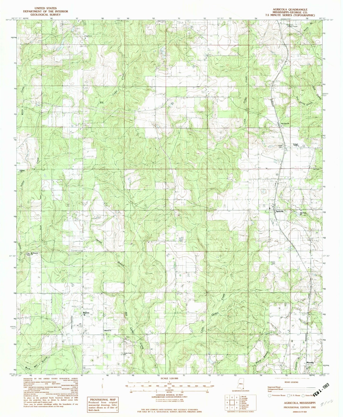 Classic USGS Agricola Mississippi 7.5'x7.5' Topo Map Image