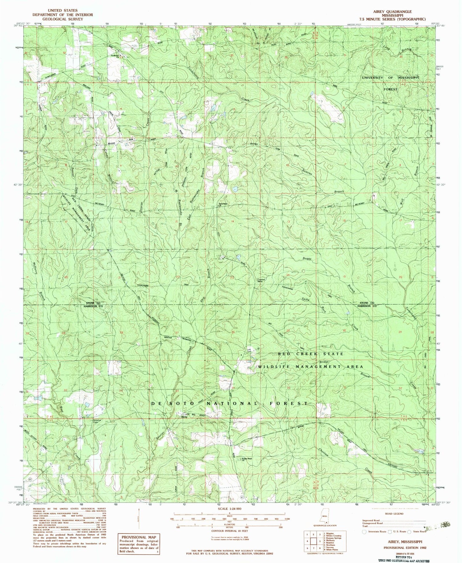 Classic USGS Airey Mississippi 7.5'x7.5' Topo Map Image