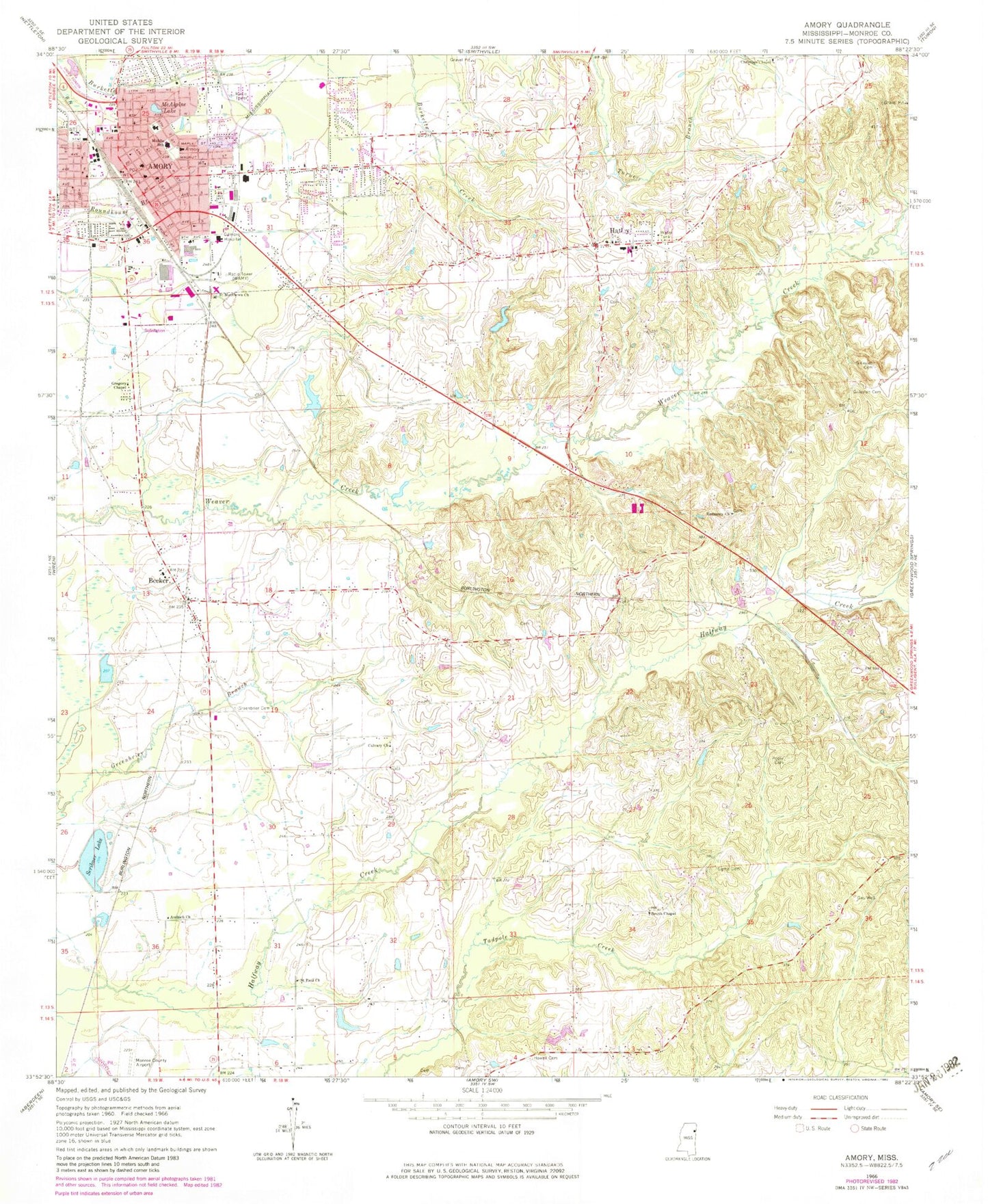 Classic USGS Amory Mississippi 7.5'x7.5' Topo Map Image