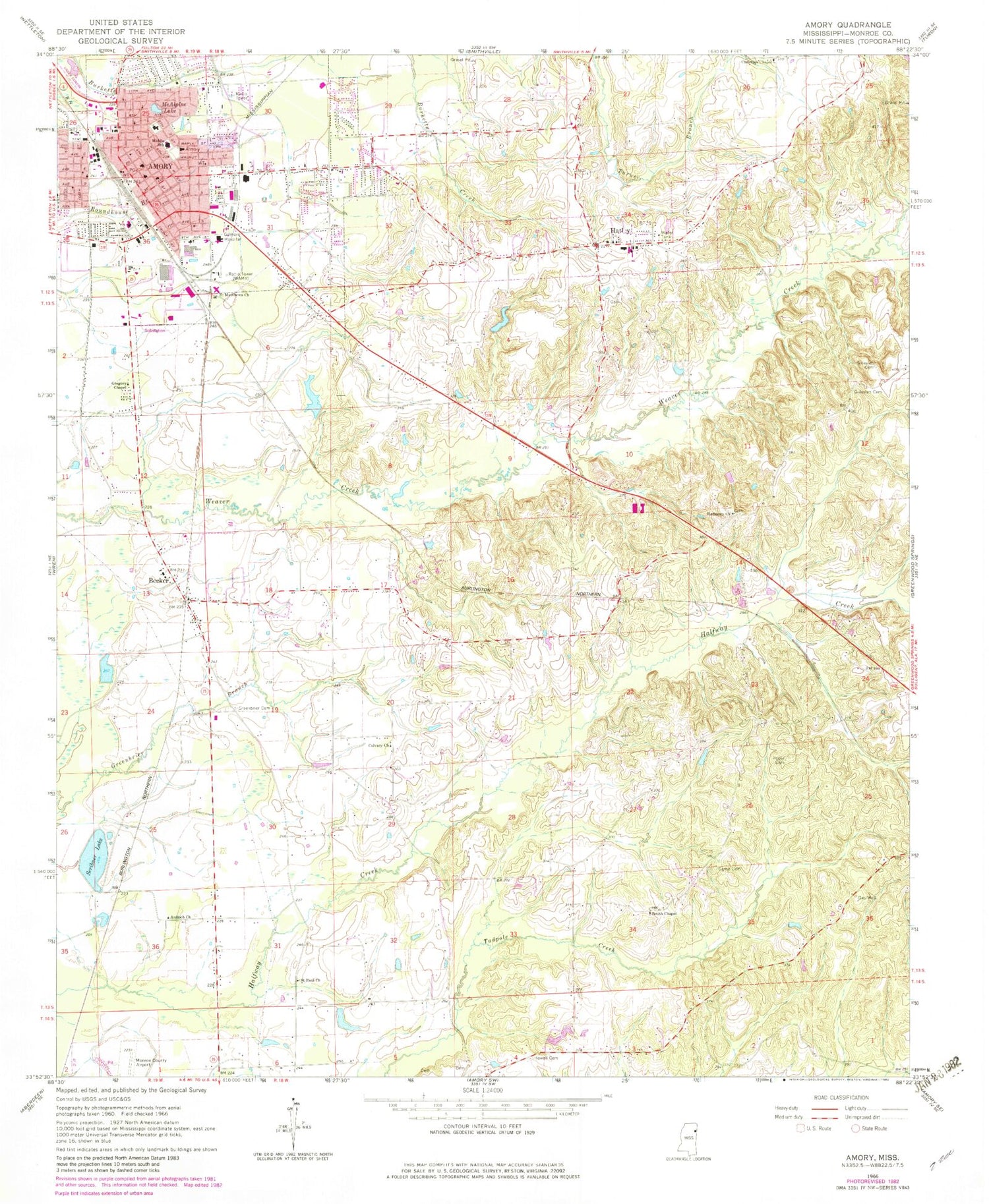 Classic USGS Amory Mississippi 7.5'x7.5' Topo Map Image
