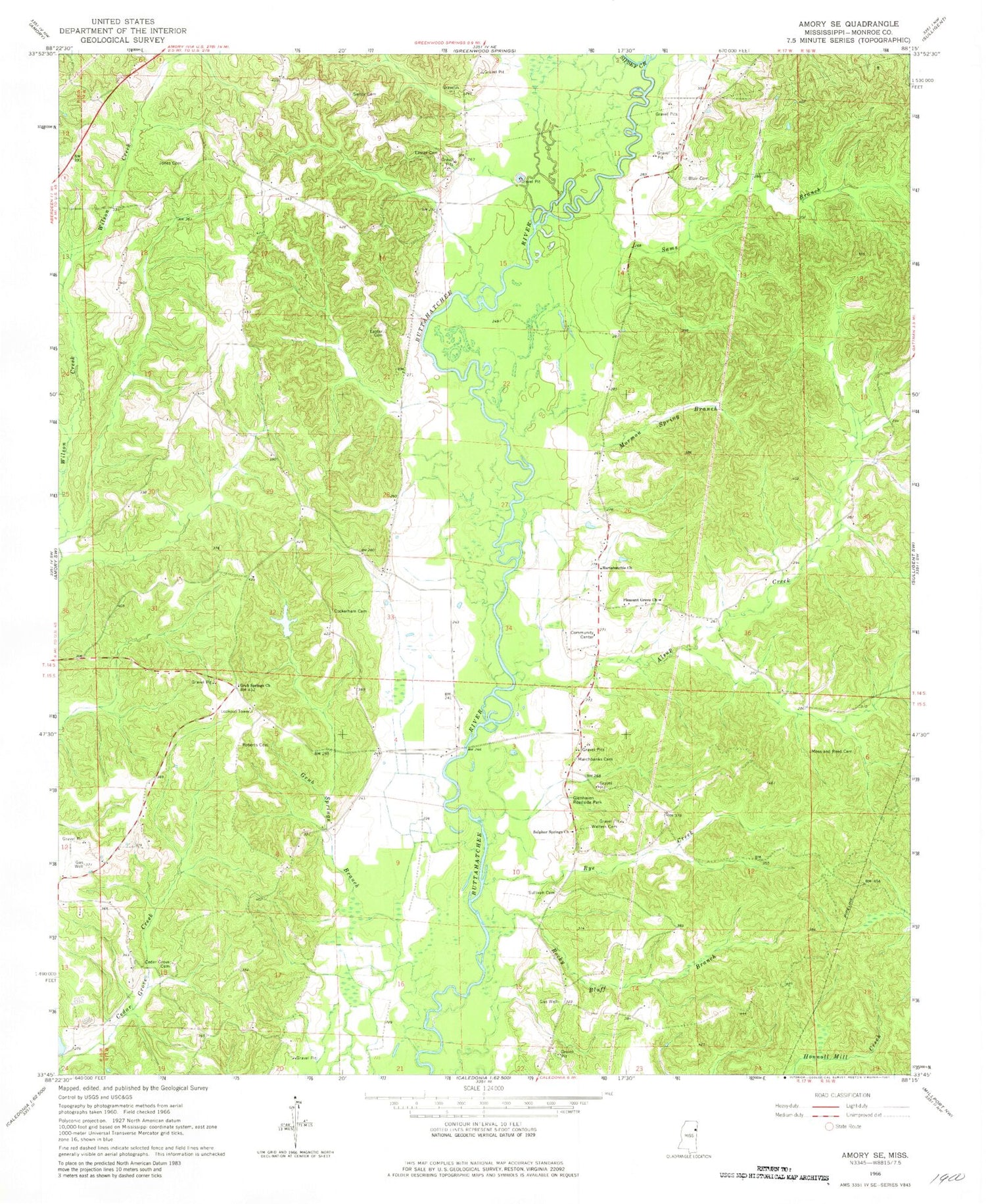 Classic USGS Amory SE Mississippi 7.5'x7.5' Topo Map Image