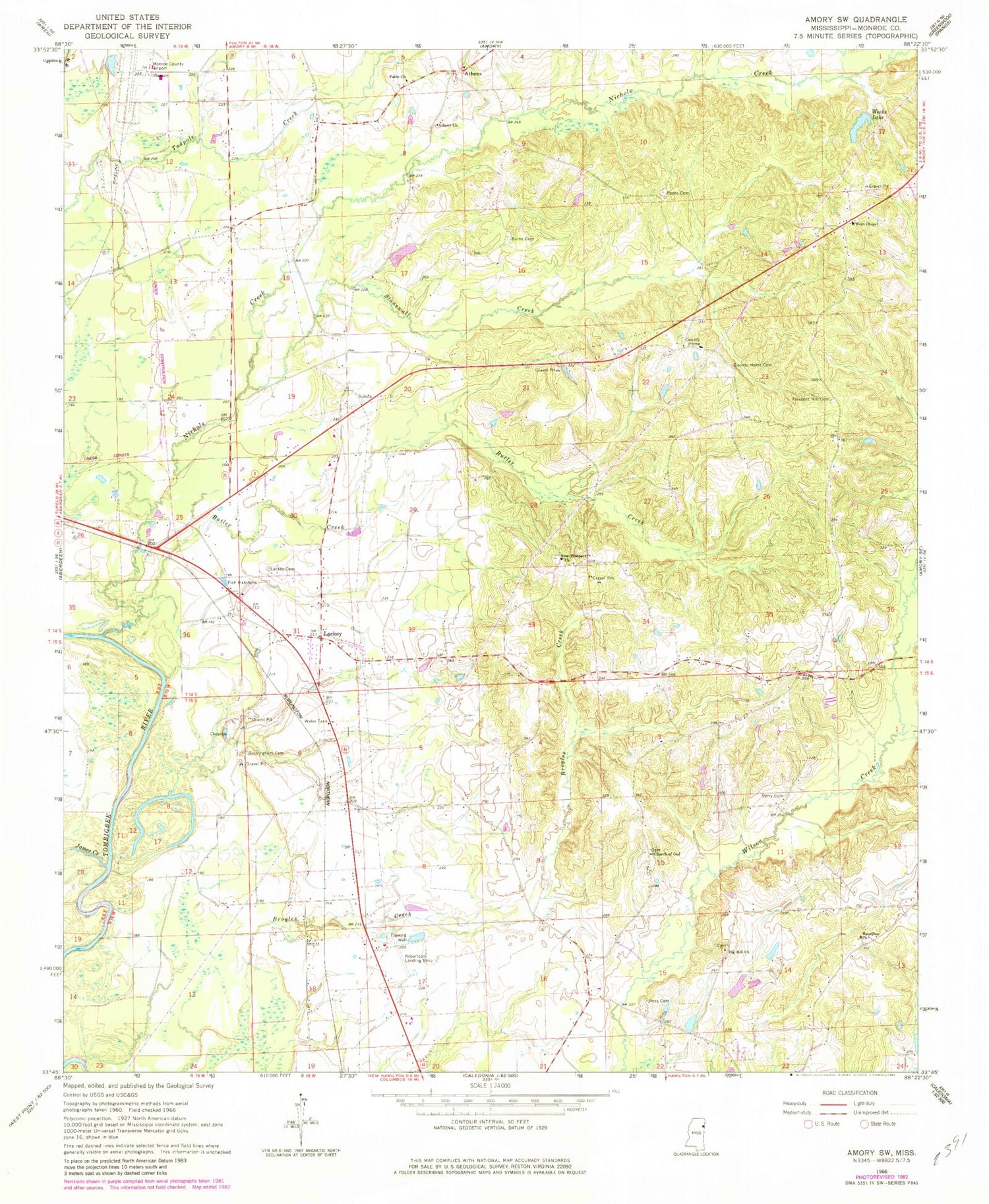 Classic USGS Amory SW Mississippi 7.5'x7.5' Topo Map Image