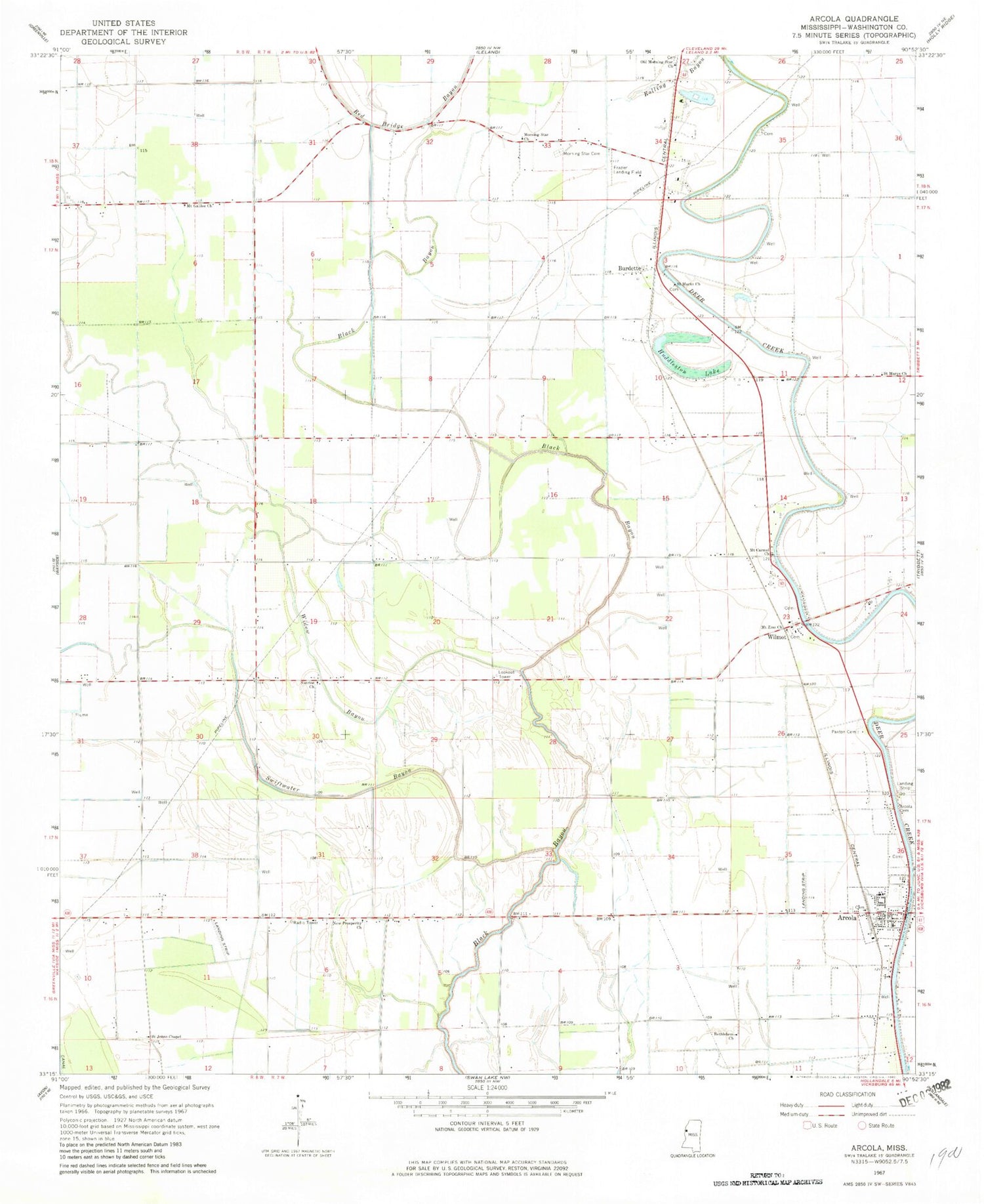 Classic USGS Arcola Mississippi 7.5'x7.5' Topo Map Image