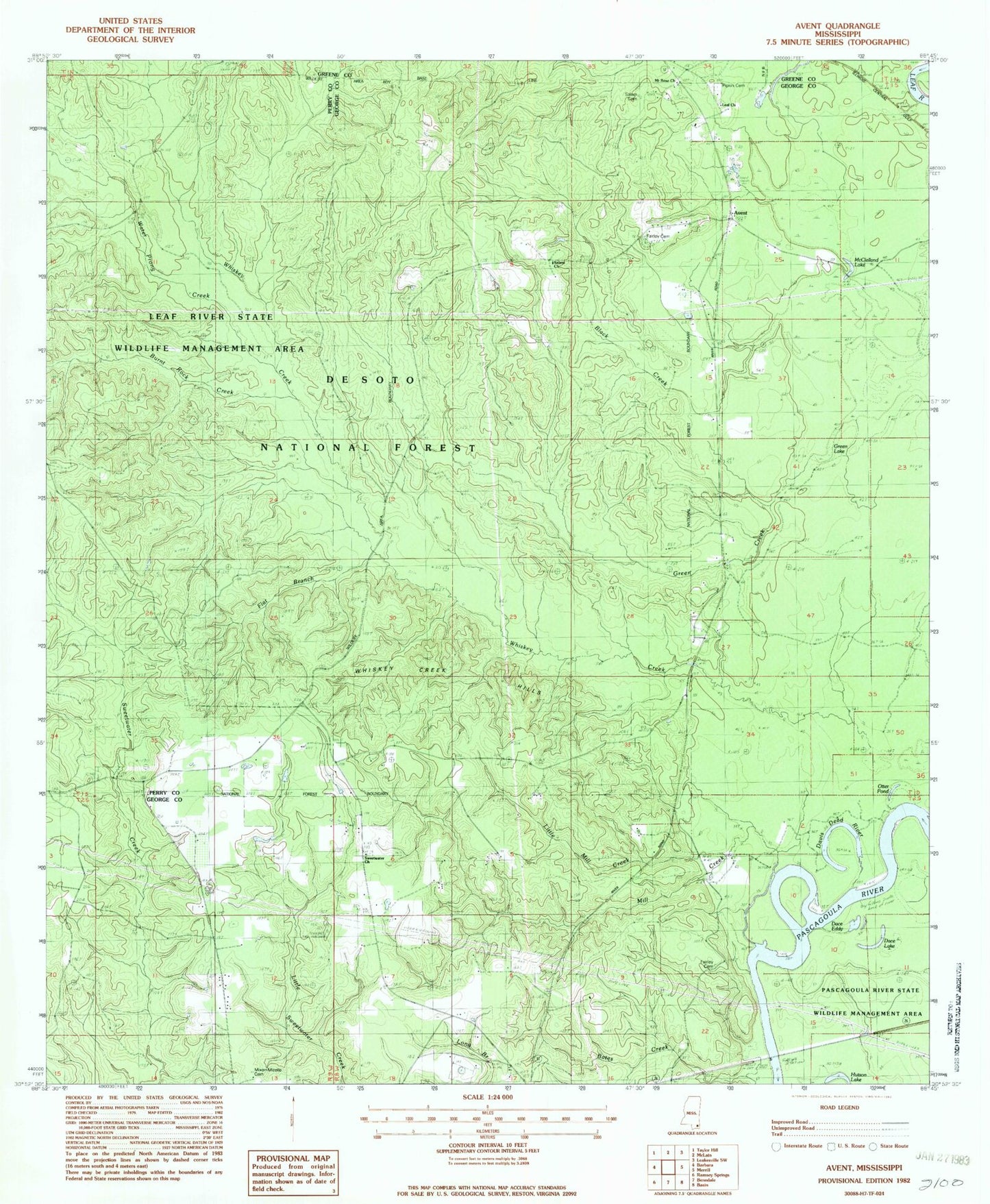Classic USGS Avent Mississippi 7.5'x7.5' Topo Map Image