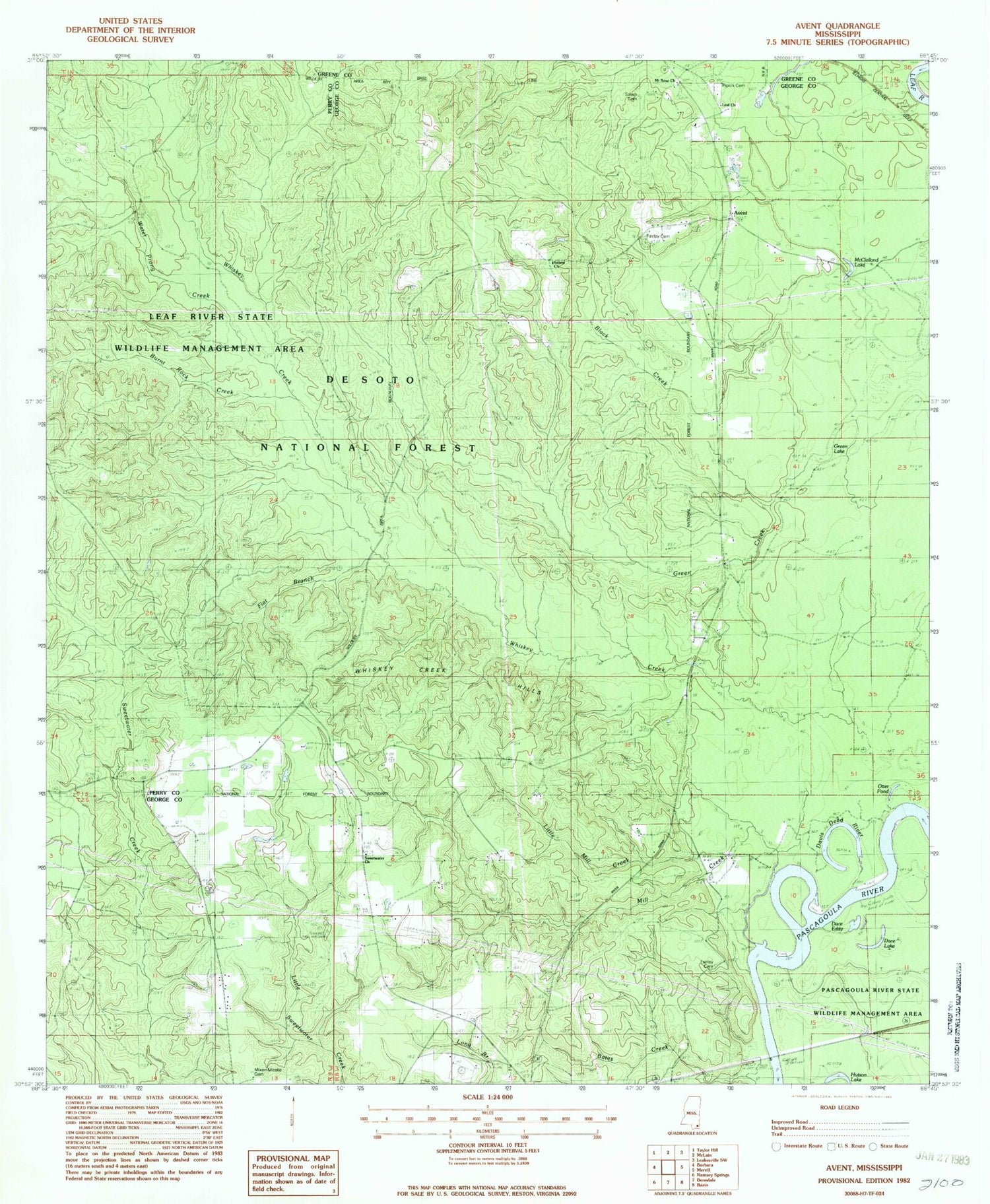 Classic USGS Avent Mississippi 7.5'x7.5' Topo Map Image