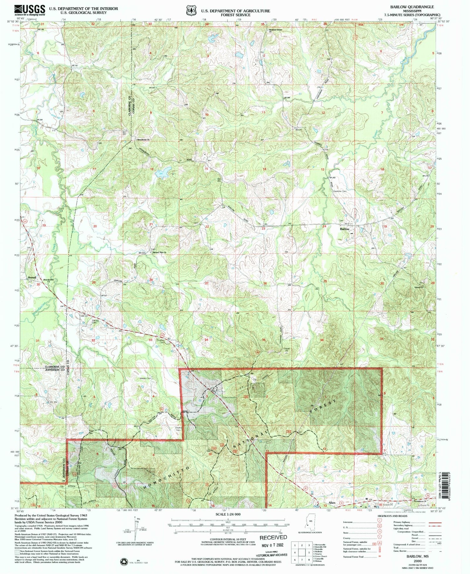 Classic USGS Barlow Mississippi 7.5'x7.5' Topo Map Image