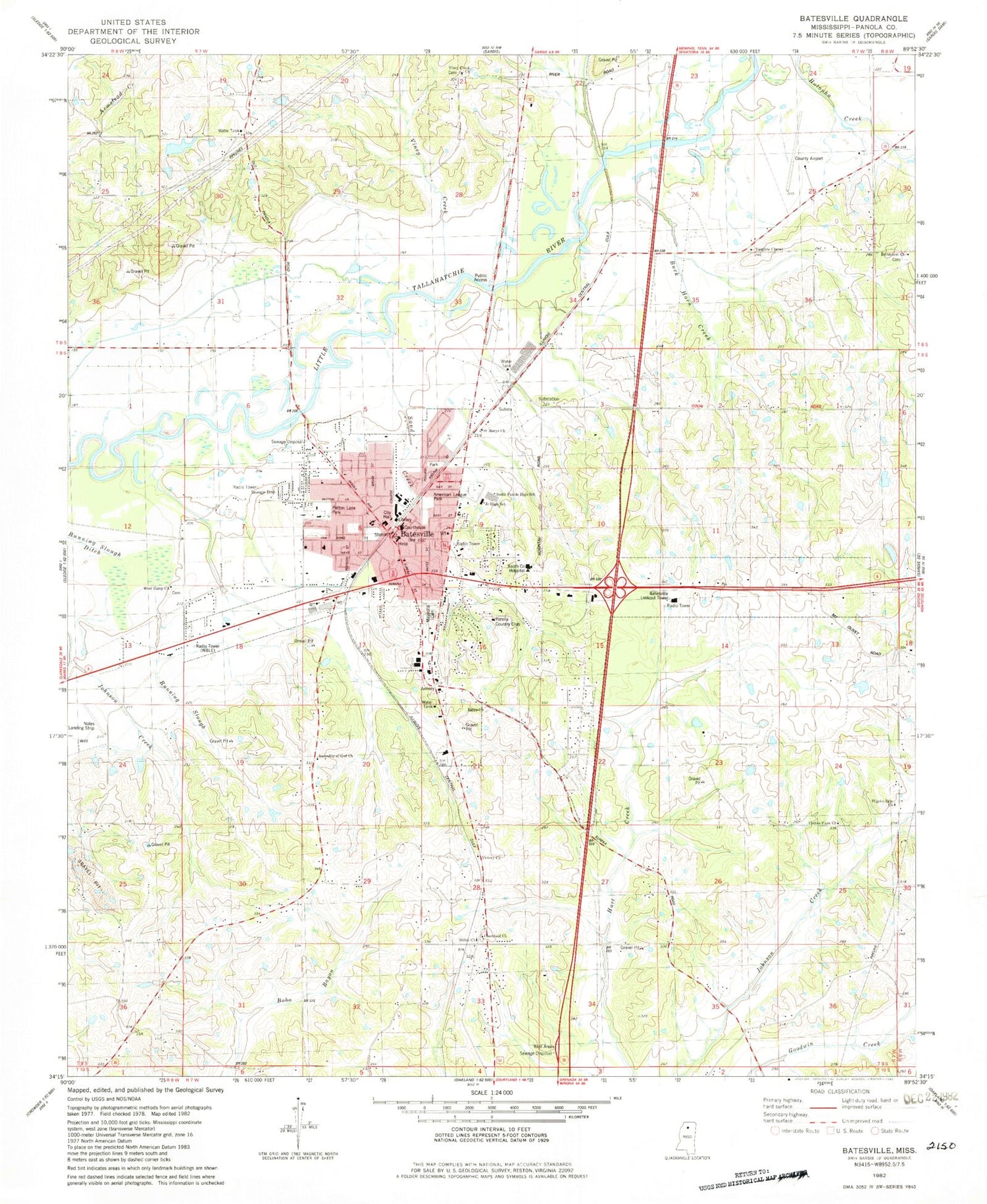 Classic USGS Batesville Mississippi 7.5'x7.5' Topo Map Image