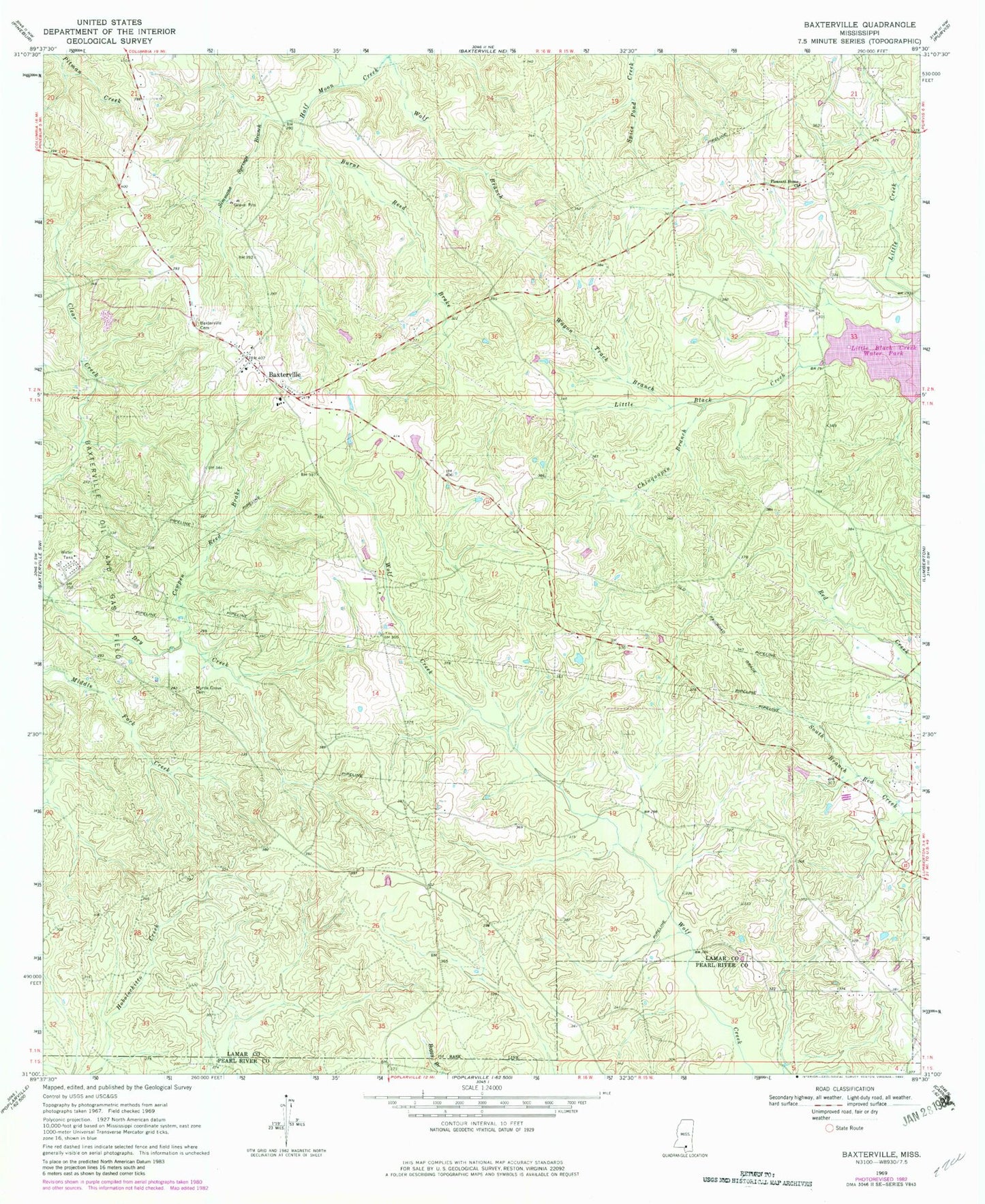 Classic USGS Baxterville Mississippi 7.5'x7.5' Topo Map Image