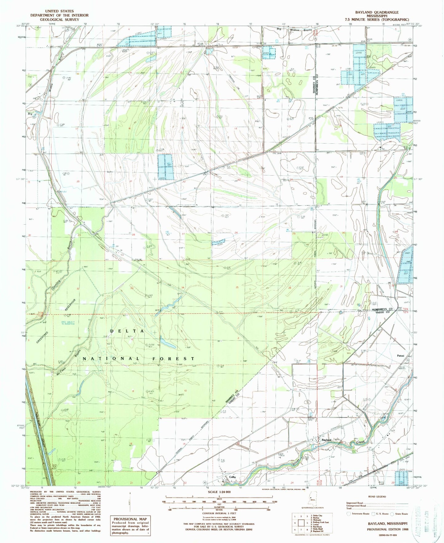 Classic USGS Bayland Mississippi 7.5'x7.5' Topo Map Image