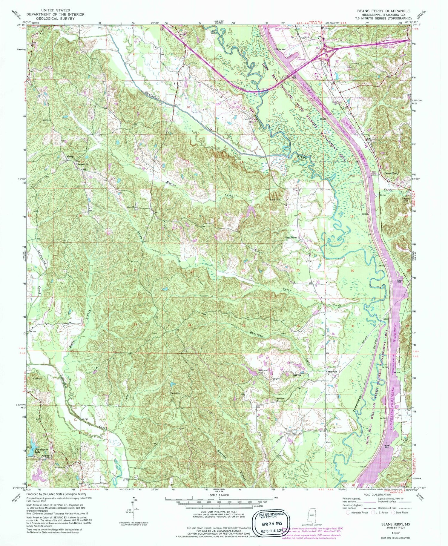 Classic USGS Beans Ferry Mississippi 7.5'x7.5' Topo Map Image