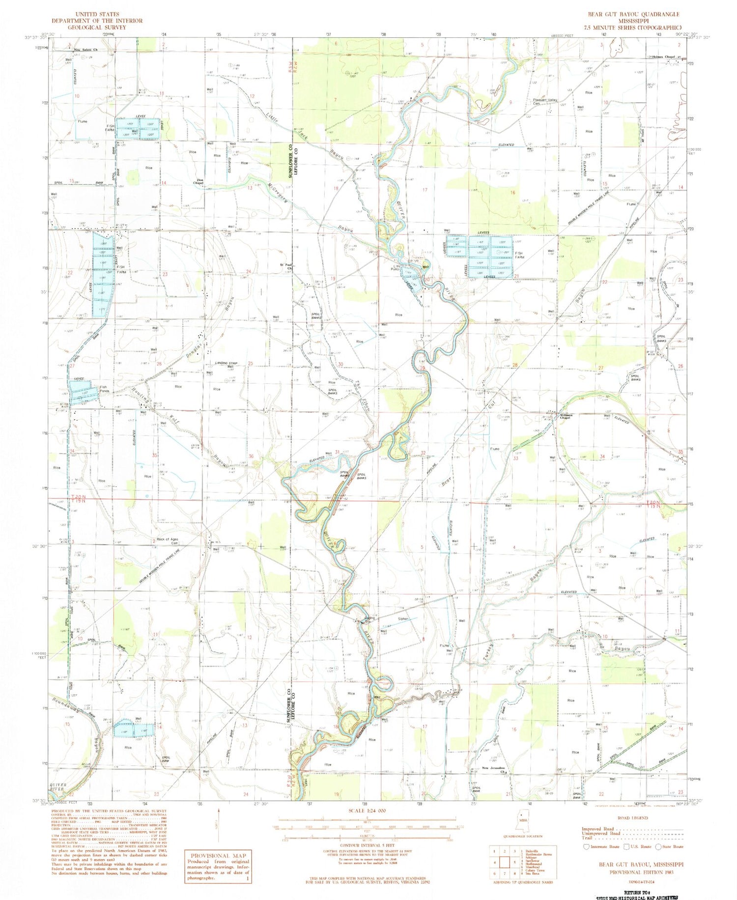 Classic USGS Bear Gut Bayou Mississippi 7.5'x7.5' Topo Map Image