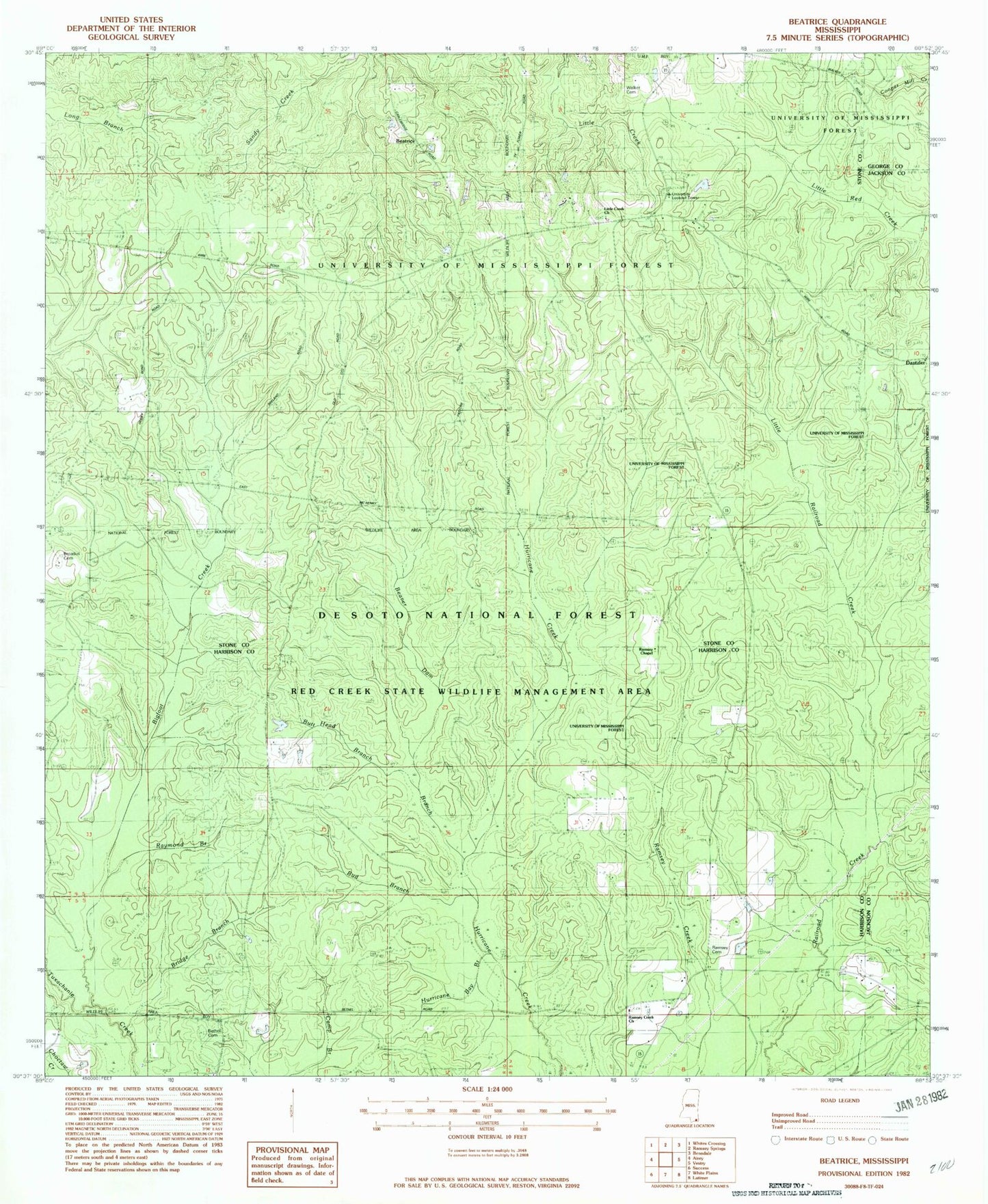 Classic USGS Beatrice Mississippi 7.5'x7.5' Topo Map Image