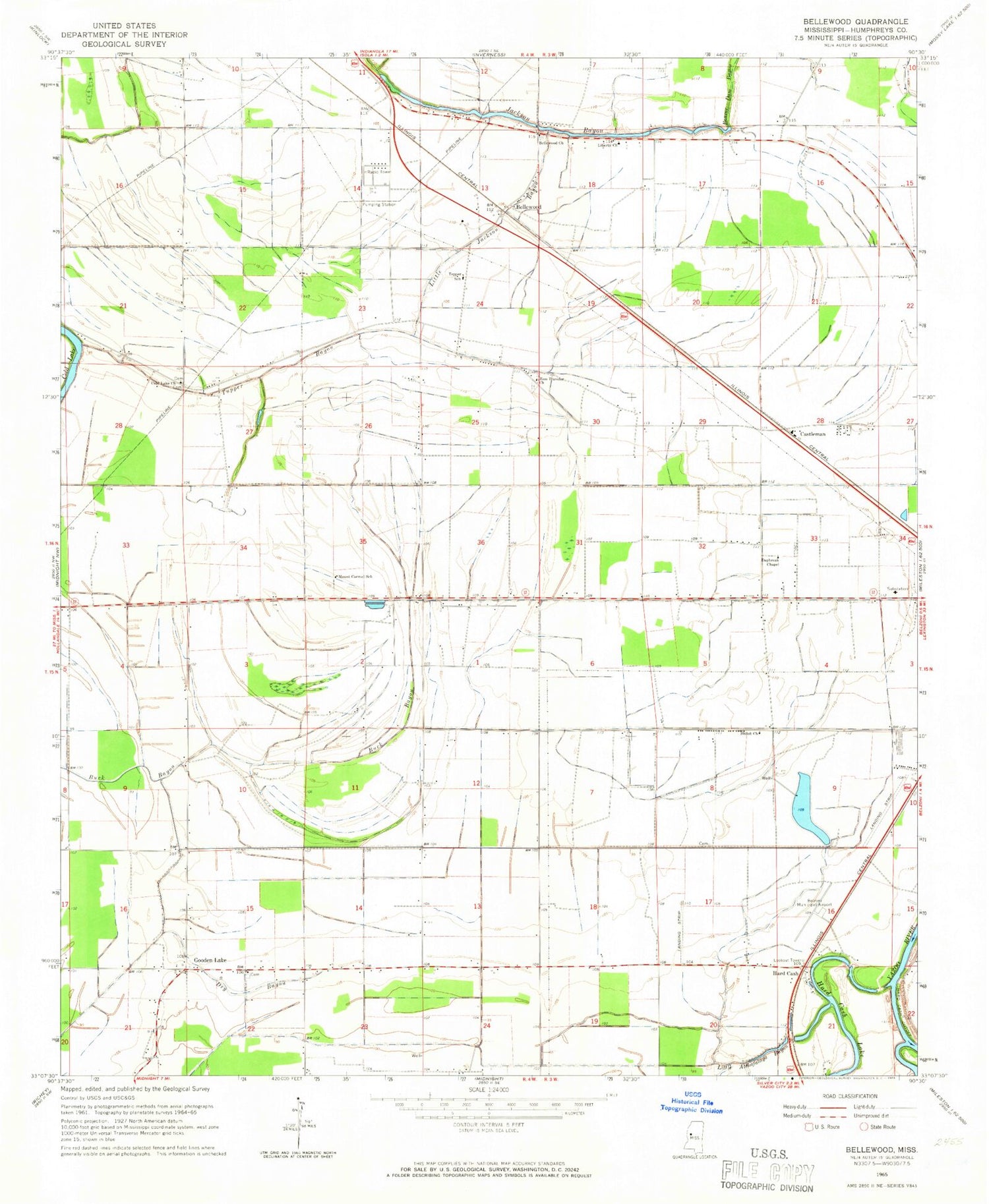 Classic USGS Bellewood Mississippi 7.5'x7.5' Topo Map Image