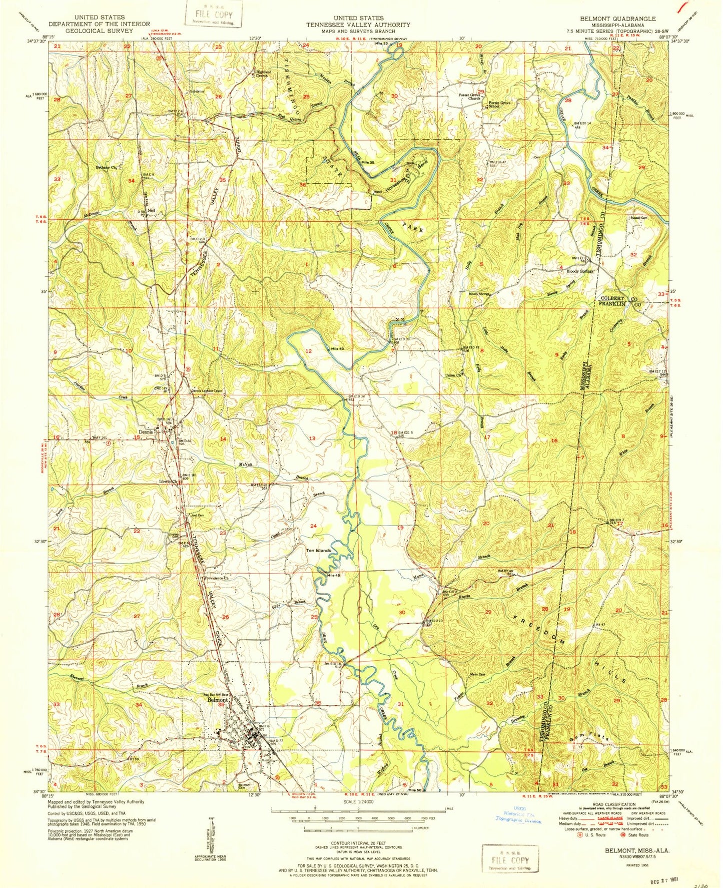 Classic USGS Belmont Mississippi 7.5'x7.5' Topo Map Image
