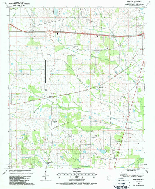 Classic USGS Bent Oak Mississippi 7.5'x7.5' Topo Map Image