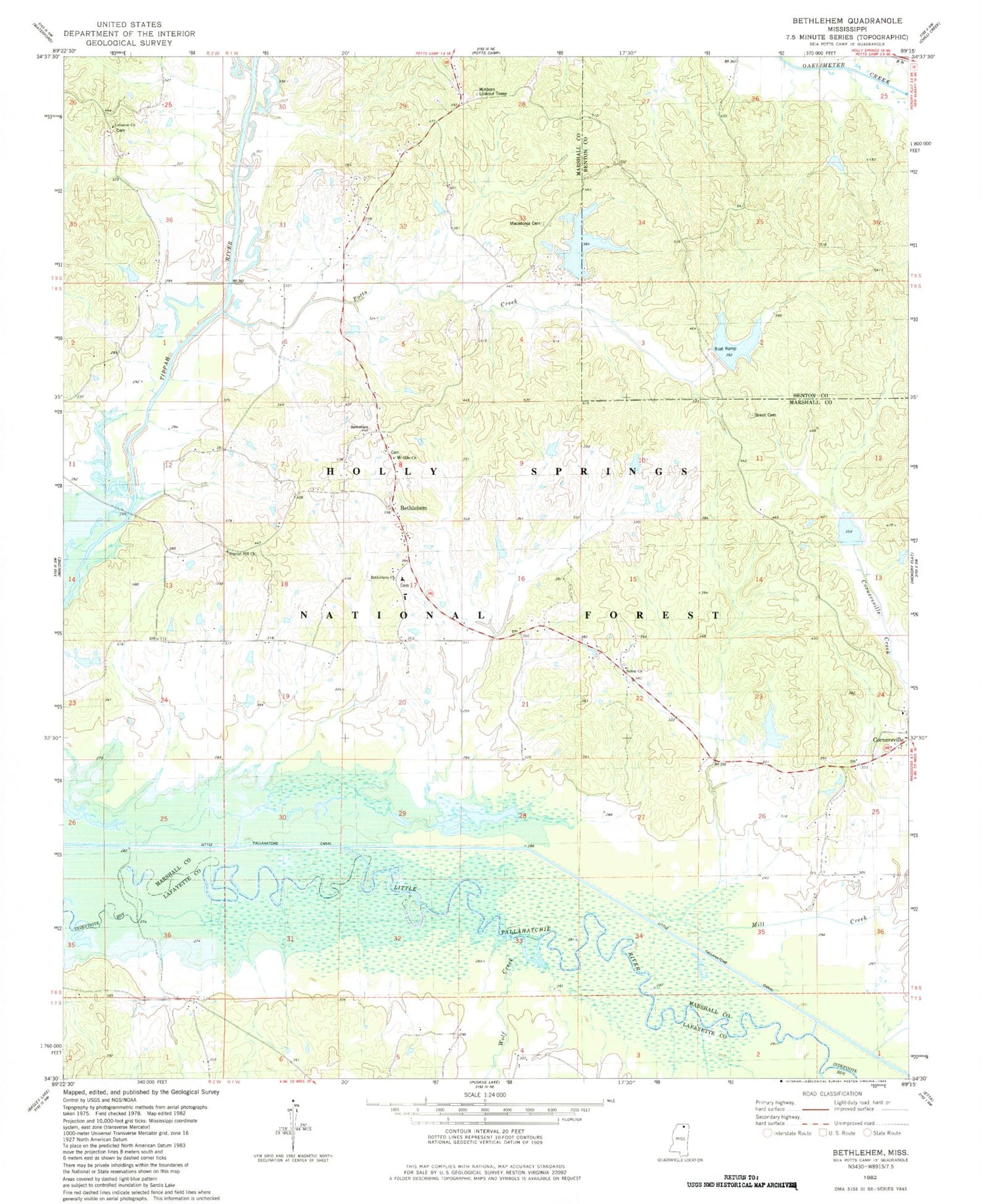 Classic USGS Bethlehem Mississippi 7.5'x7.5' Topo Map Image