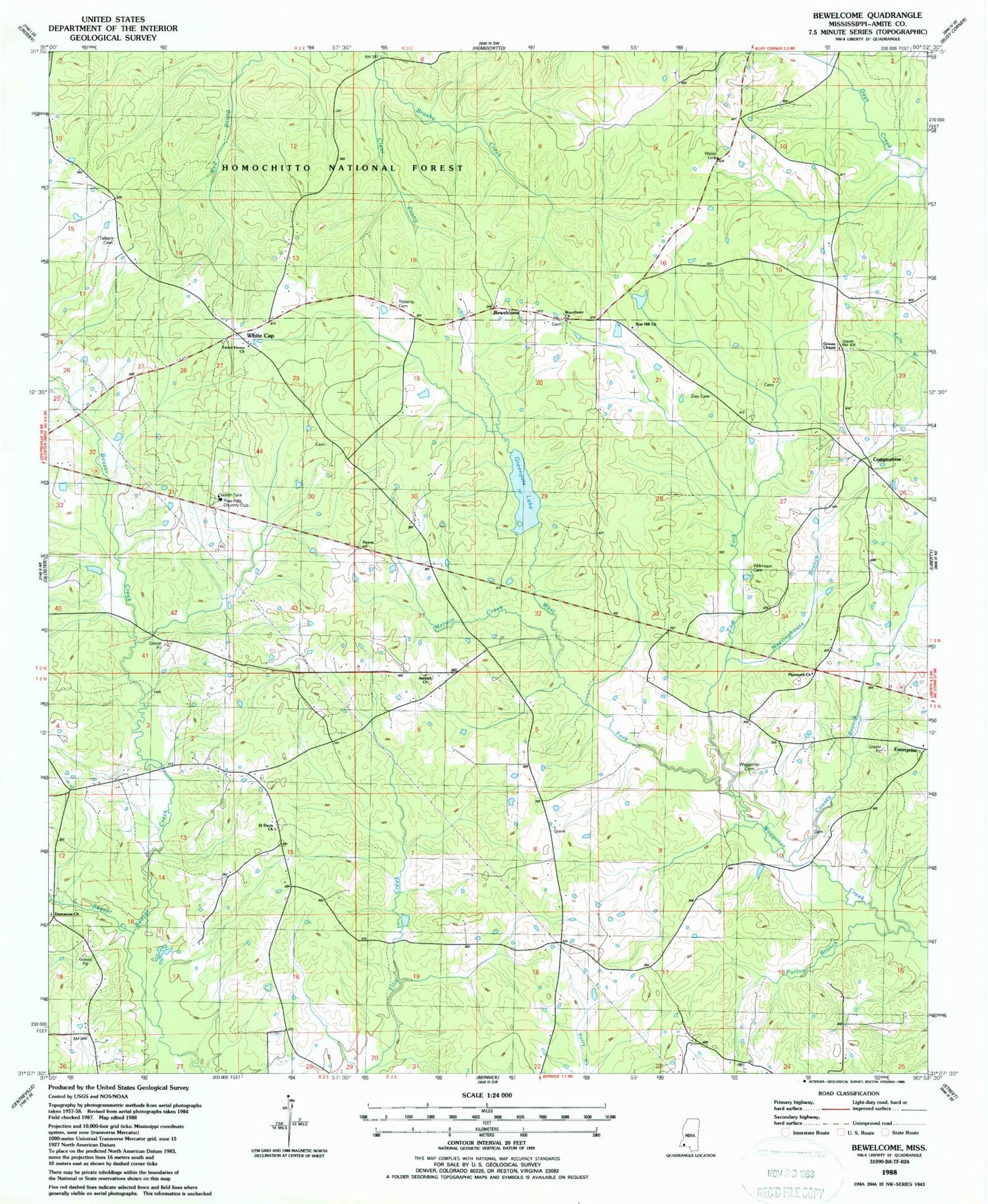 Classic USGS Bewelcome Mississippi 7.5'x7.5' Topo Map Image