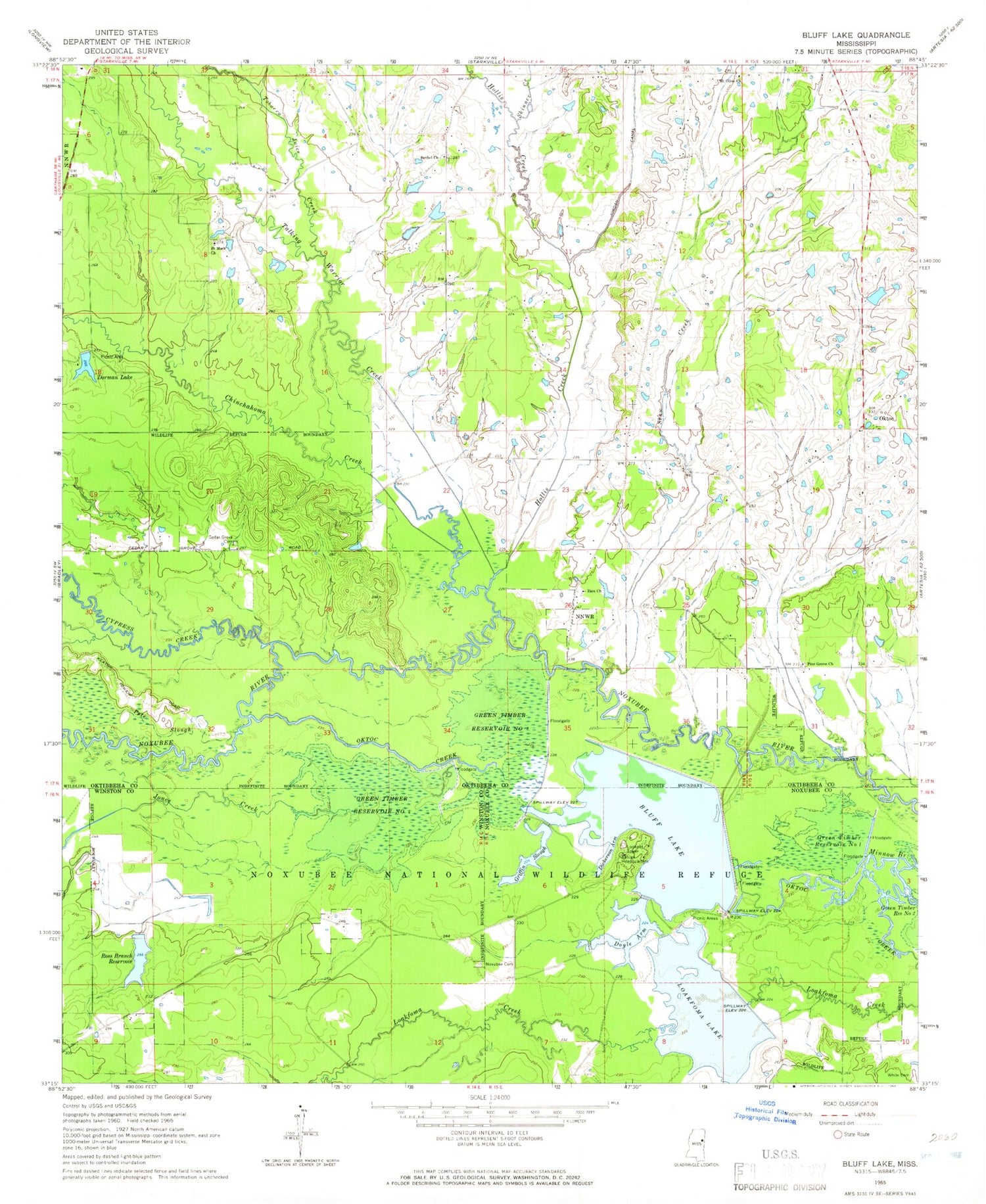 Classic USGS Bluff Lake Mississippi 7.5'x7.5' Topo Map Image