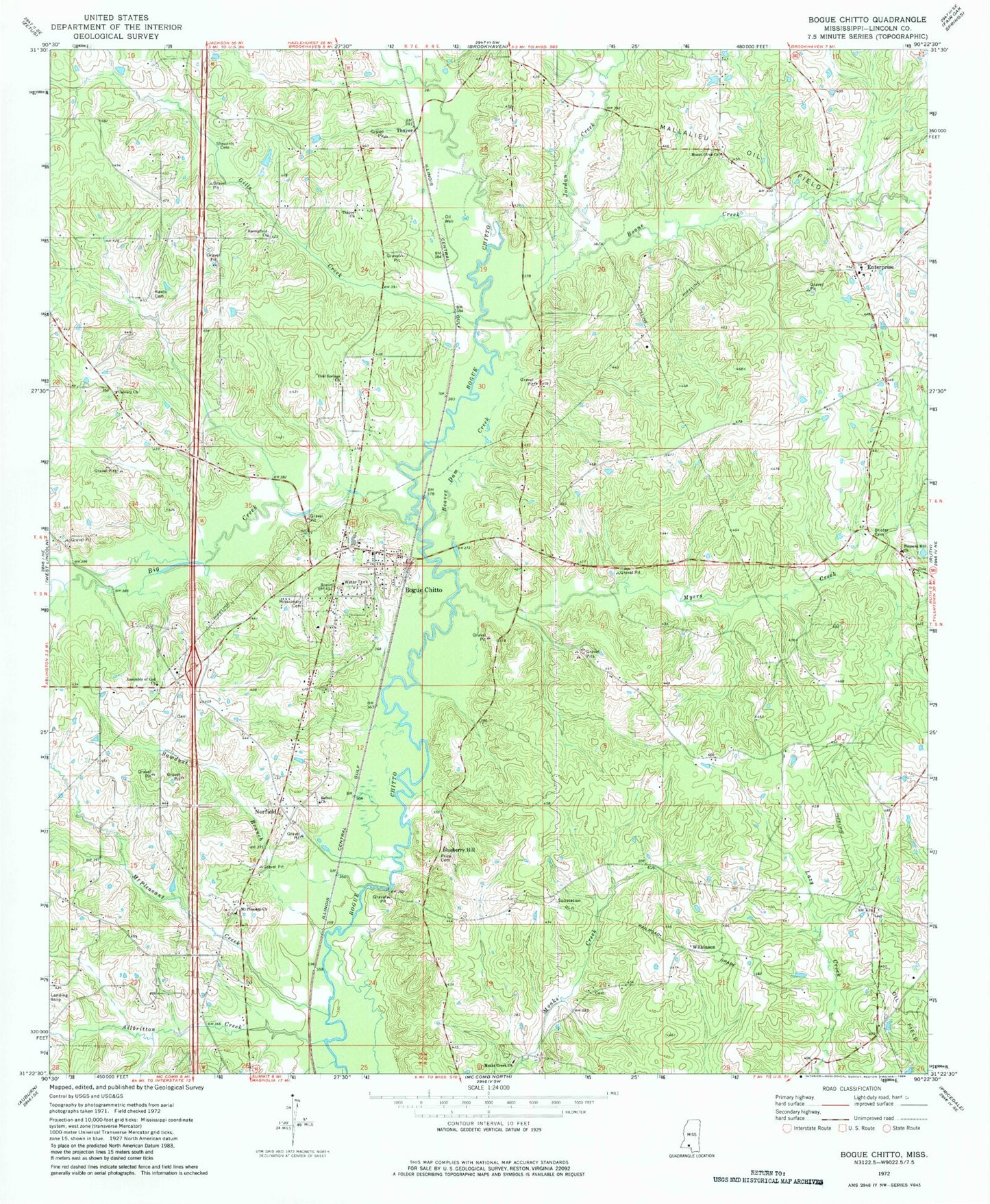 Classic USGS Bogue Chitto Mississippi 7.5'x7.5' Topo Map Image