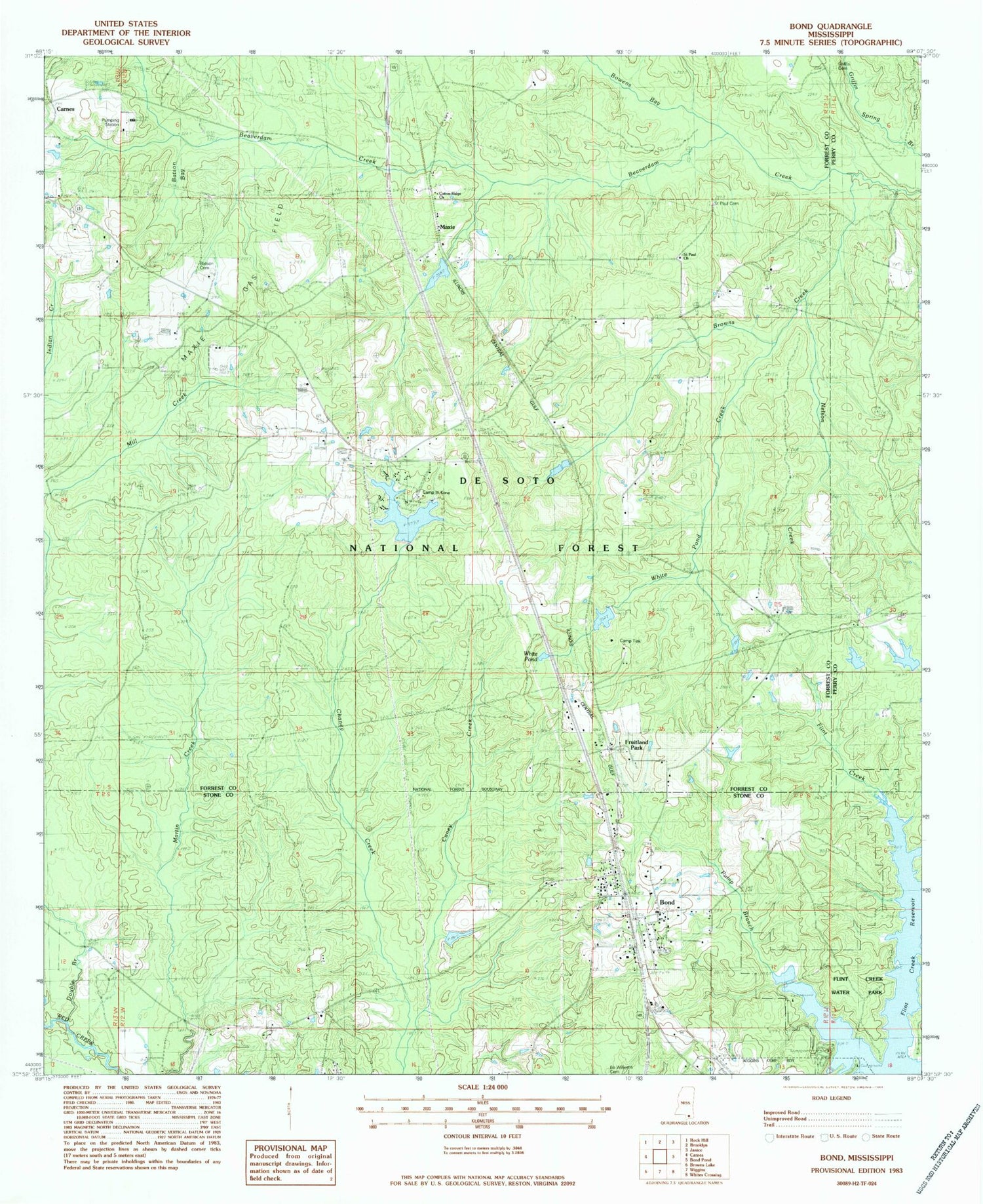 Classic USGS Bond Mississippi 7.5'x7.5' Topo Map Image