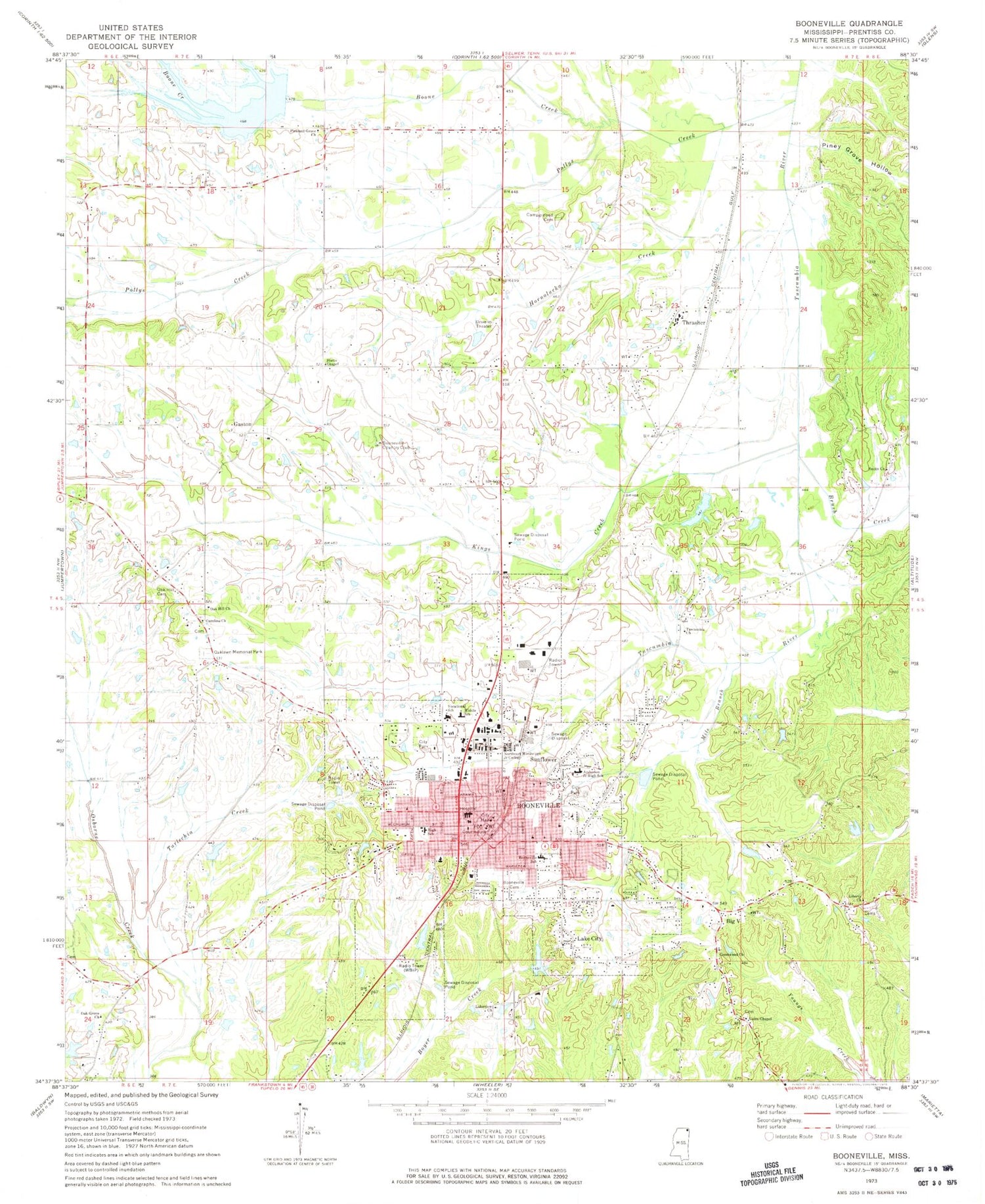 Classic USGS Booneville Mississippi 7.5'x7.5' Topo Map Image