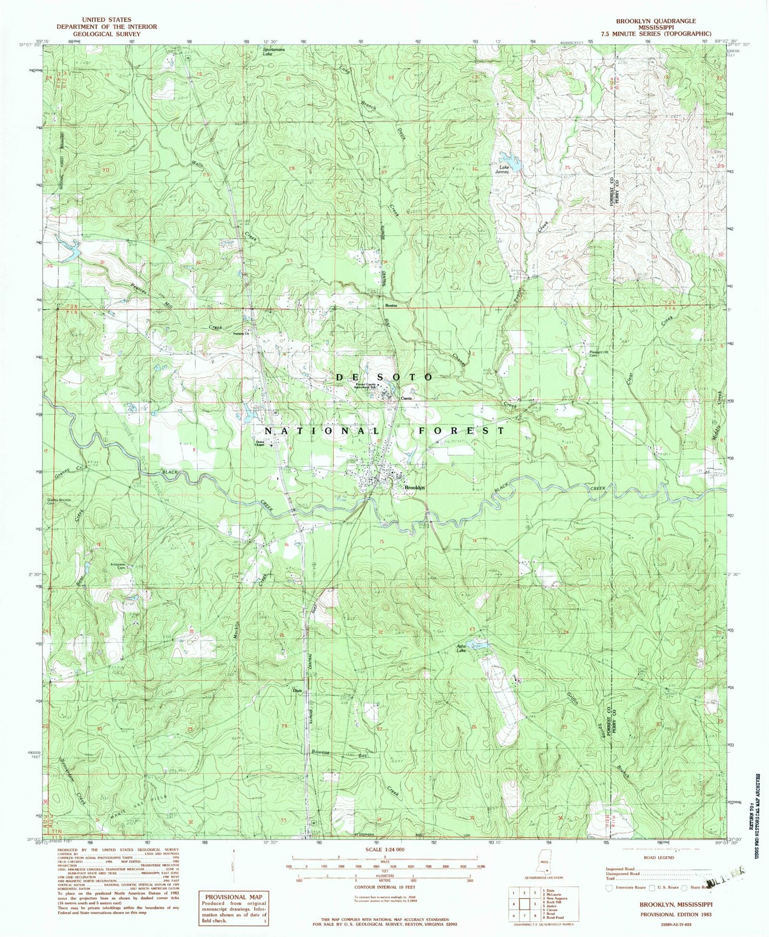Classic USGS Brooklyn Mississippi 7.5'x7.5' Topo Map Image