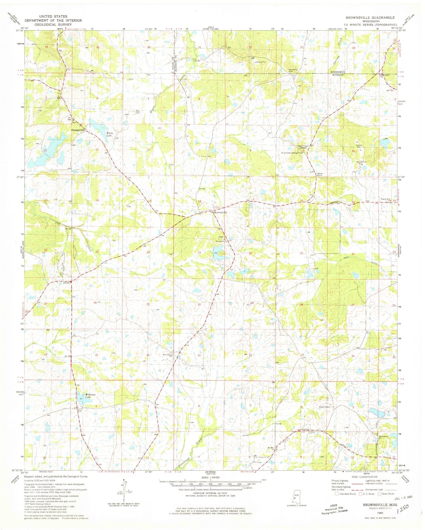 Classic USGS Brownsville Mississippi 7.5'x7.5' Topo Map Image