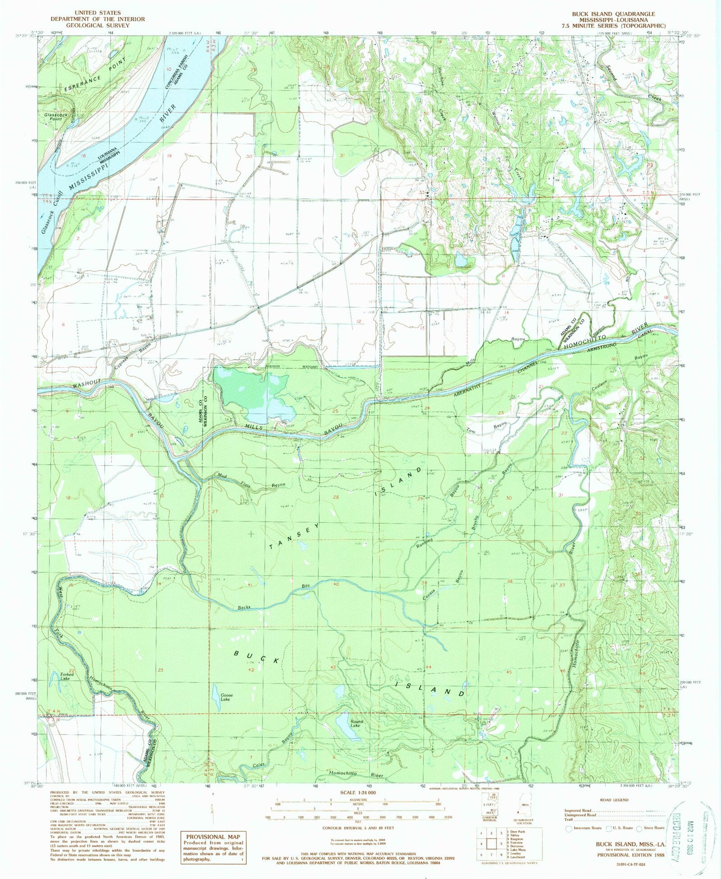 Classic USGS Buck Island Mississippi 7.5'x7.5' Topo Map Image