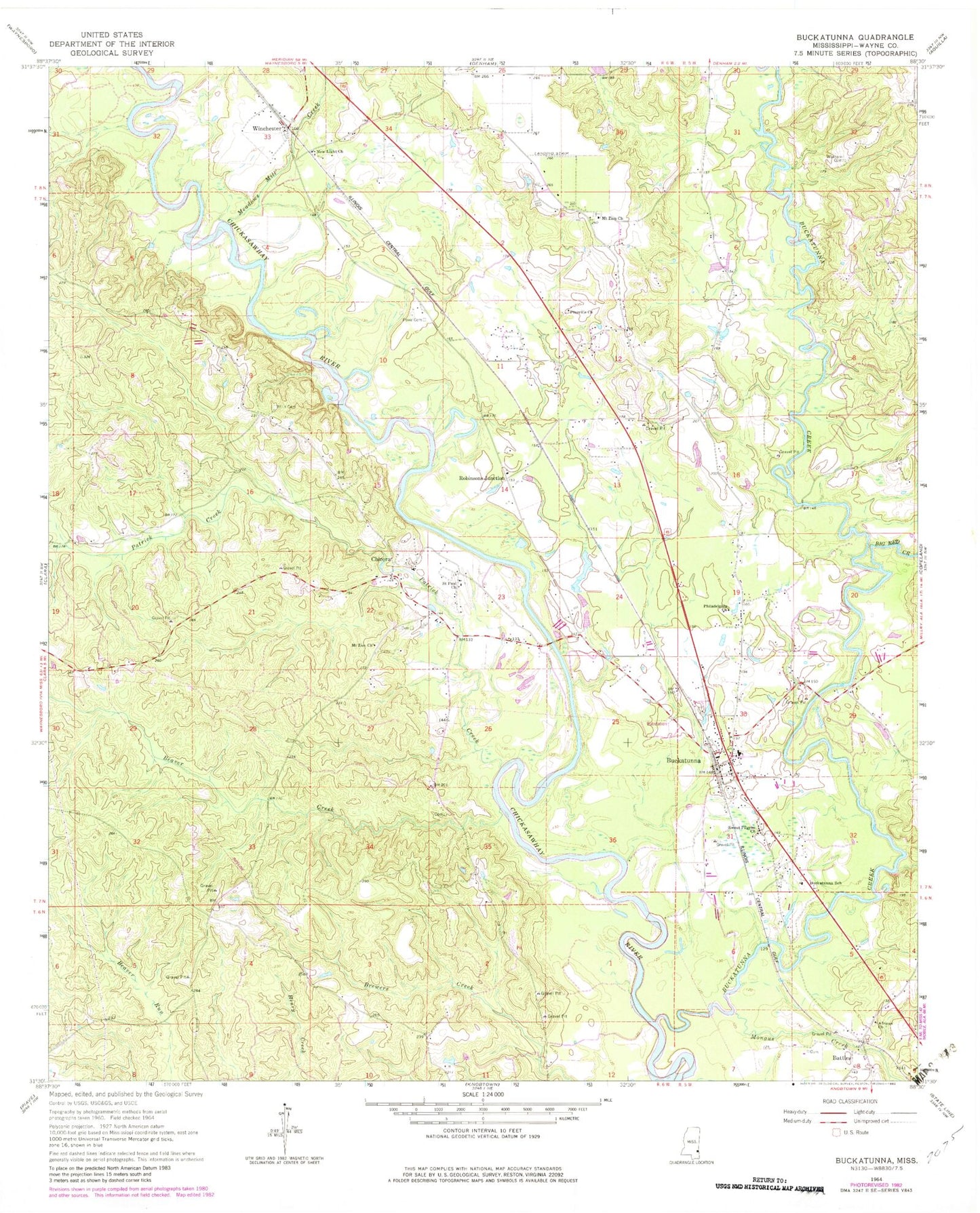 Classic USGS Buckatunna Mississippi 7.5'x7.5' Topo Map Image