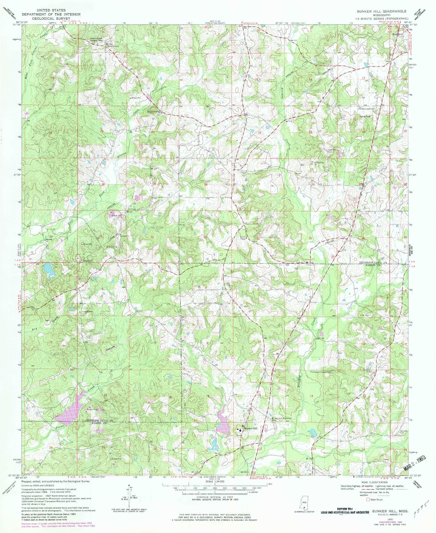 Classic USGS Bunker Hill Mississippi 7.5'x7.5' Topo Map Image
