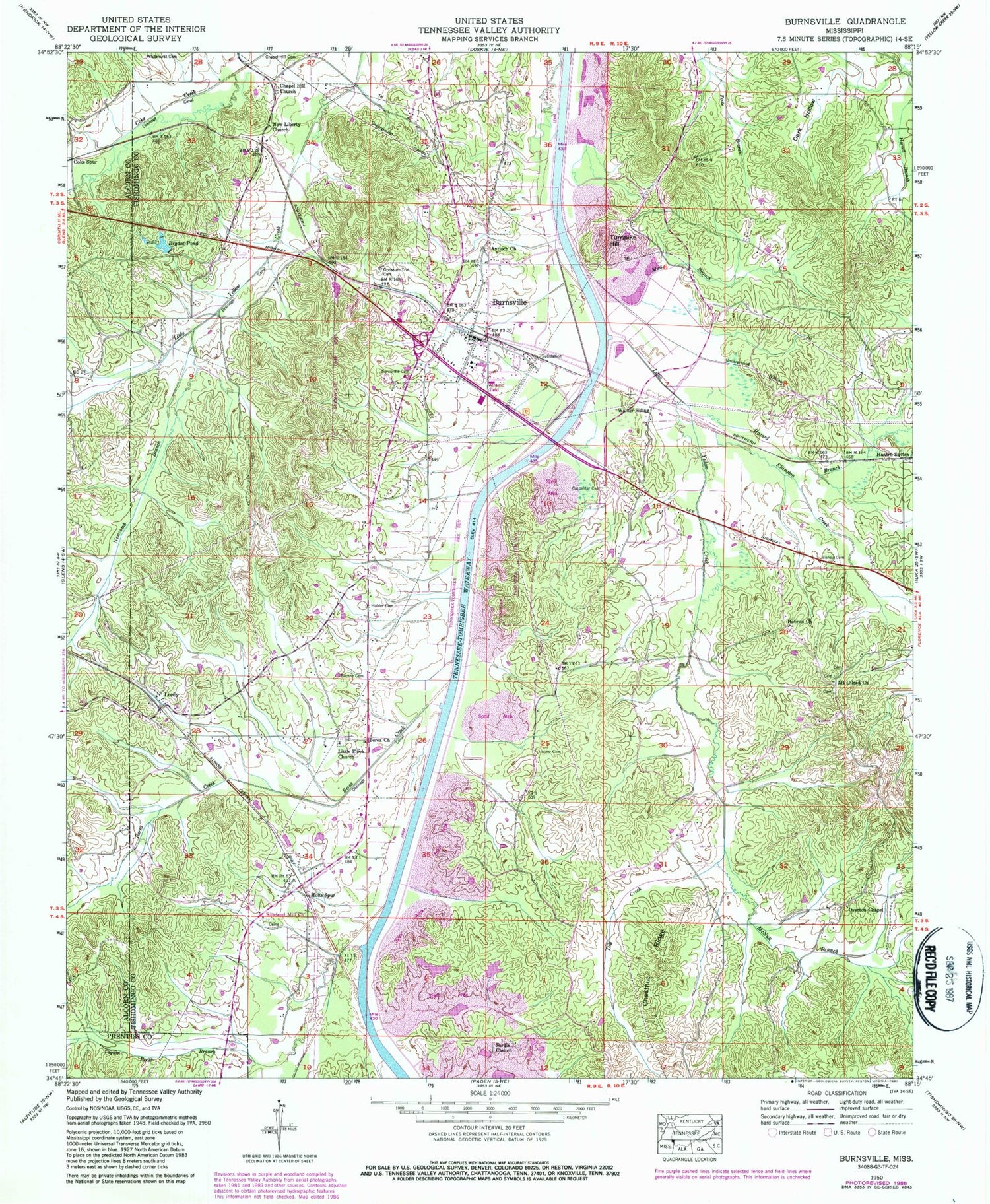 Classic USGS Burnsville Mississippi 7.5'x7.5' Topo Map Image