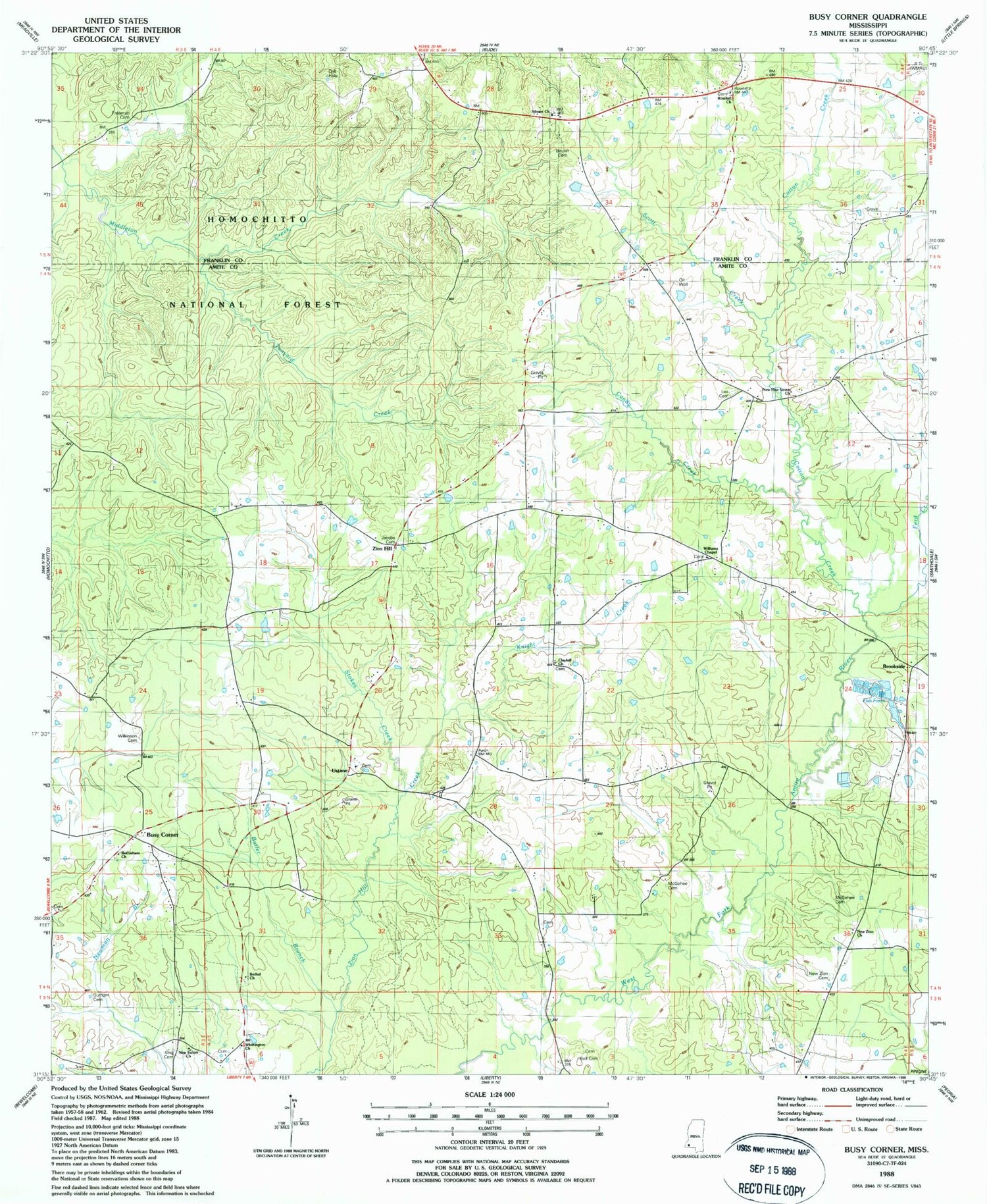 Classic USGS Busy Corner Mississippi 7.5'x7.5' Topo Map Image
