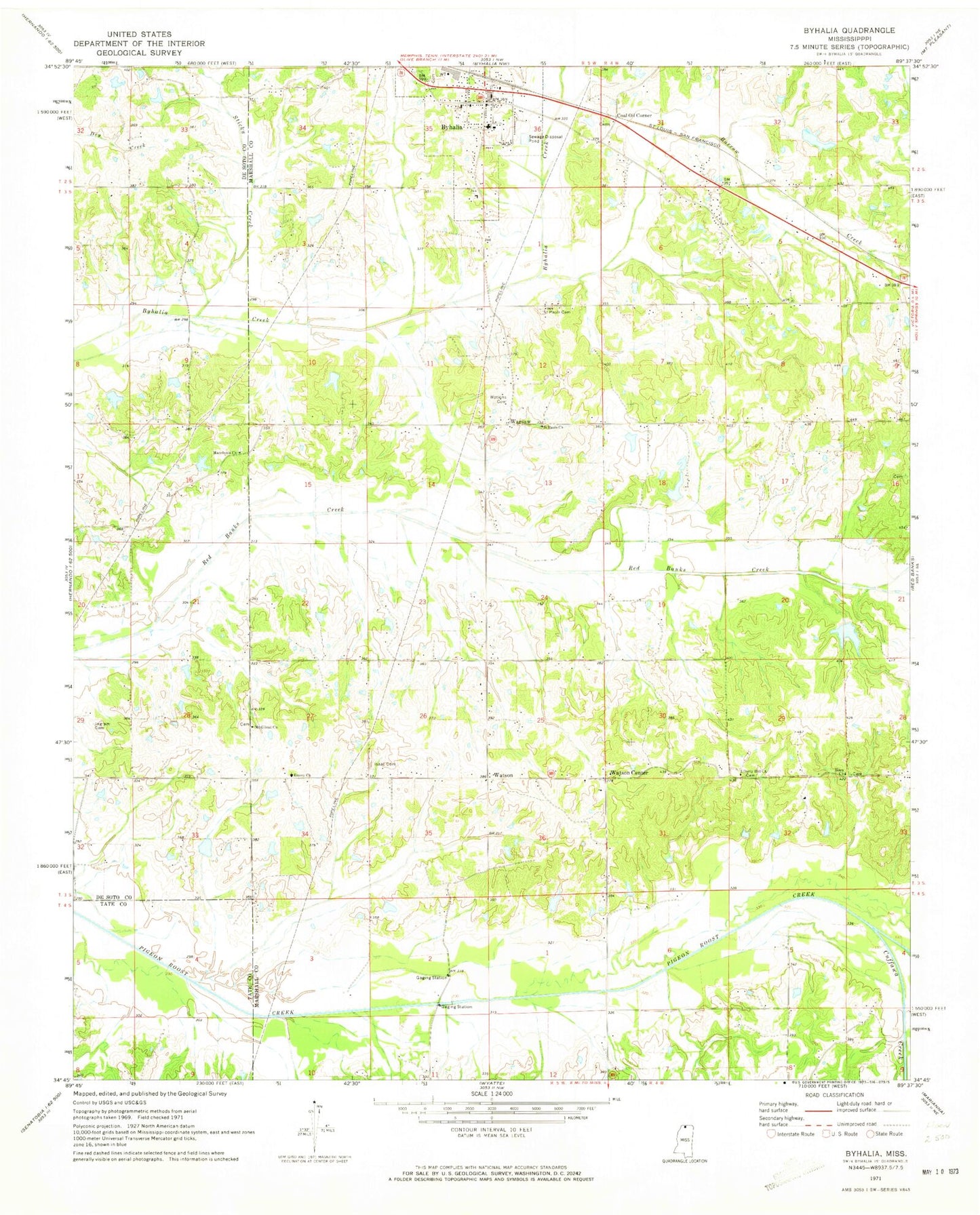 Classic USGS Byhalia Mississippi 7.5'x7.5' Topo Map Image