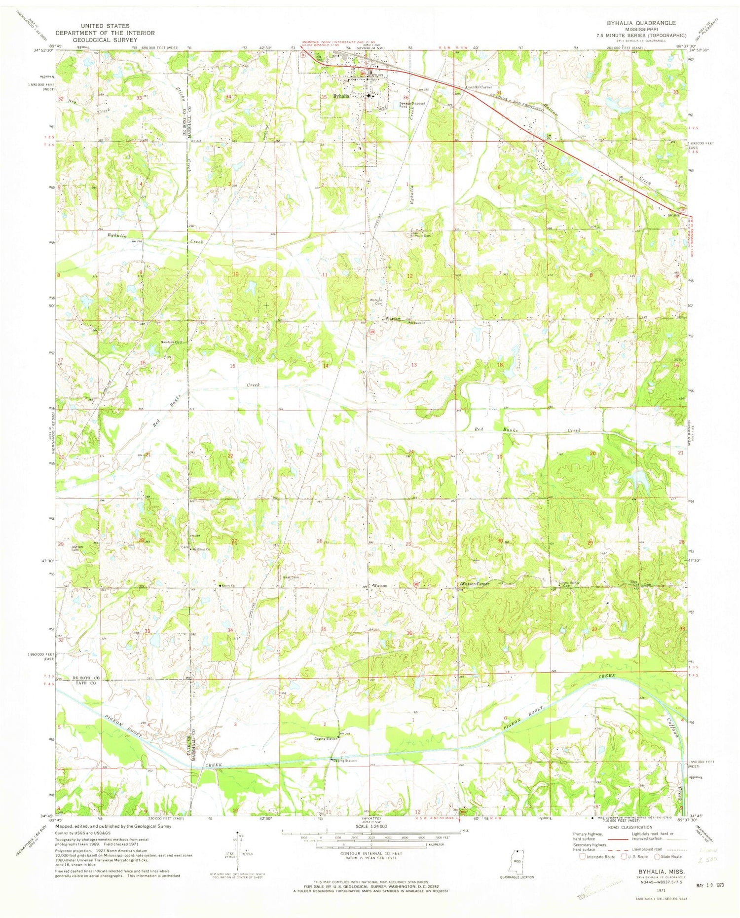 Classic USGS Byhalia Mississippi 7.5'x7.5' Topo Map Image