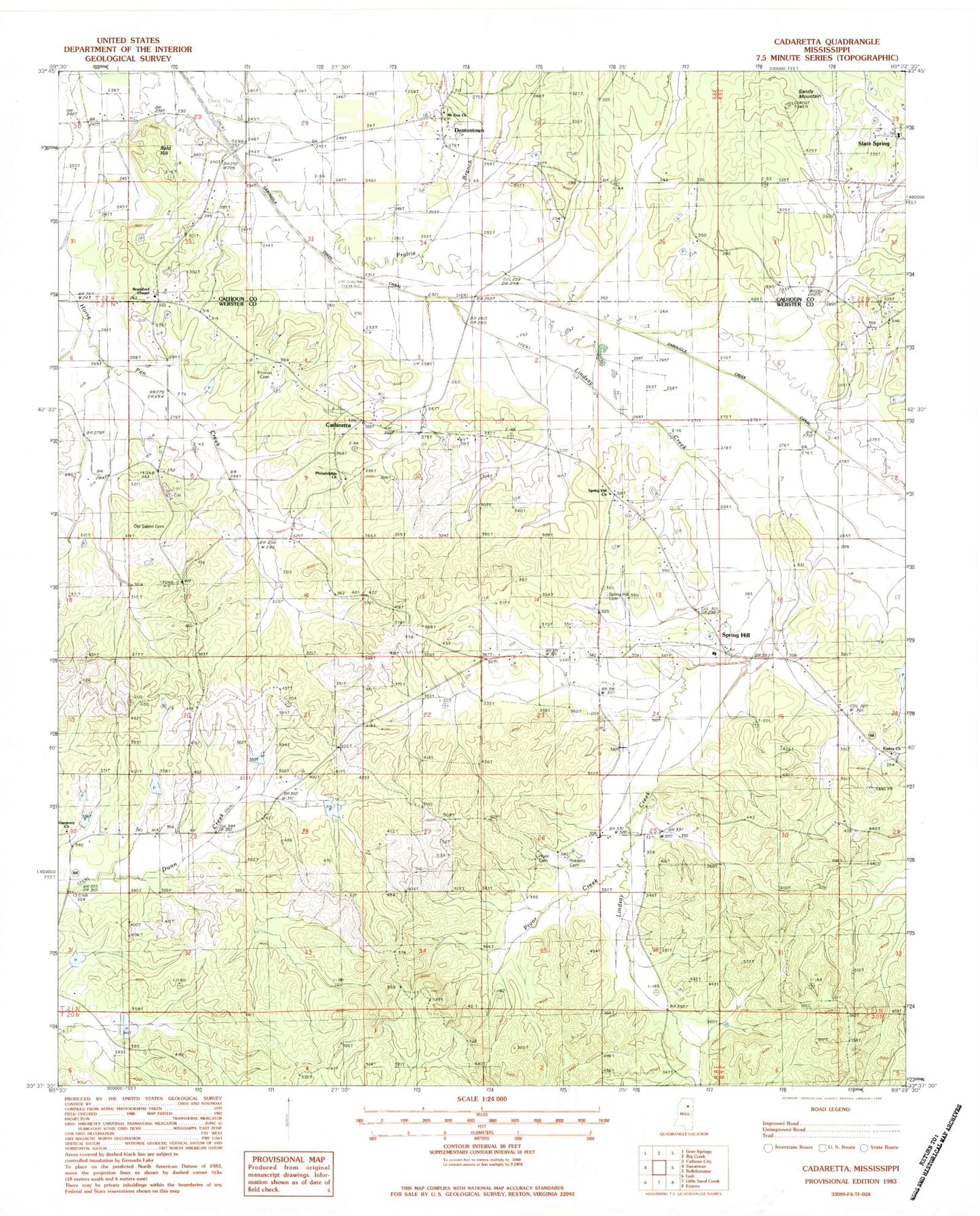 Classic USGS Cadaretta Mississippi 7.5'x7.5' Topo Map Image