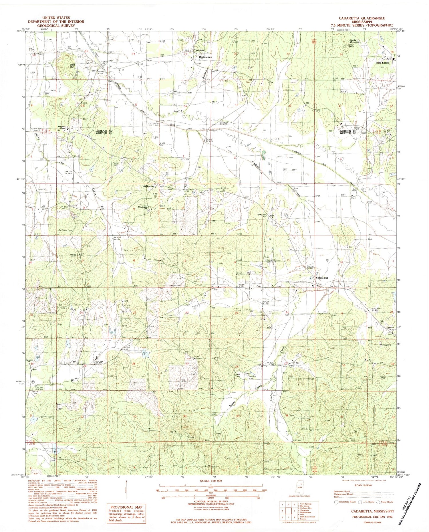 Classic USGS Cadaretta Mississippi 7.5'x7.5' Topo Map Image
