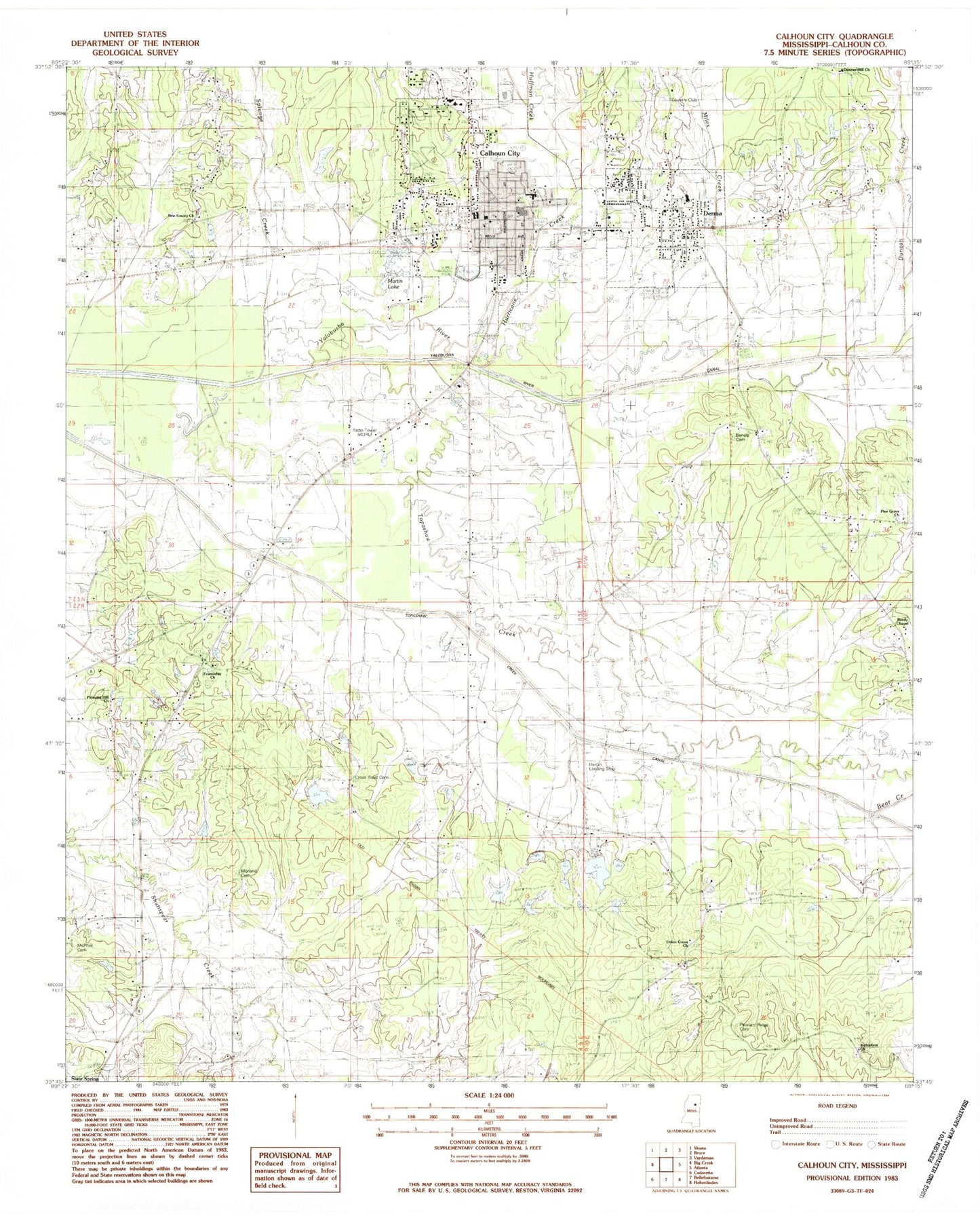 Classic USGS Calhoun City Mississippi 7.5'x7.5' Topo Map Image